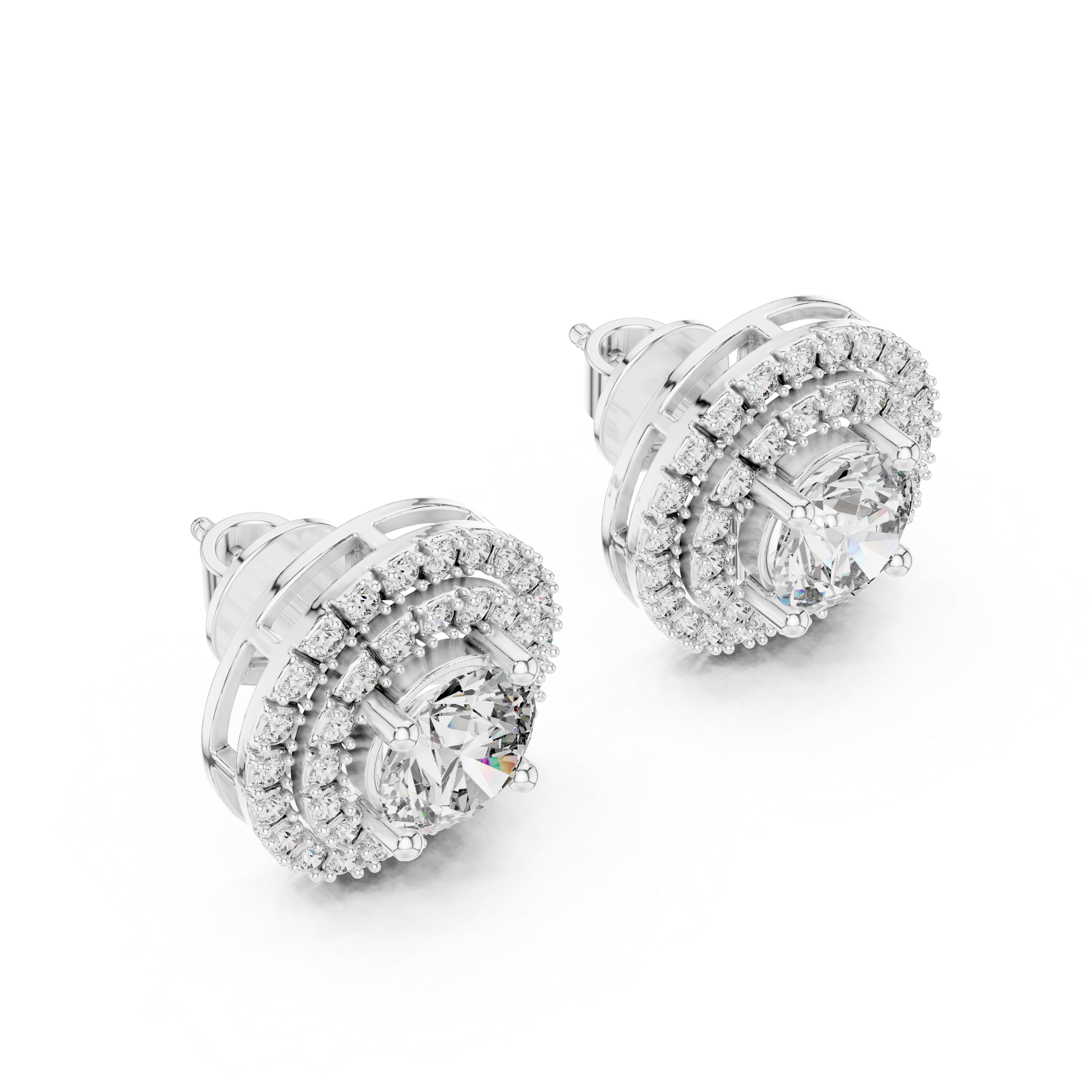 Fine Jewelry Double Halo Round Diamond Earrings with Modern Layered Design