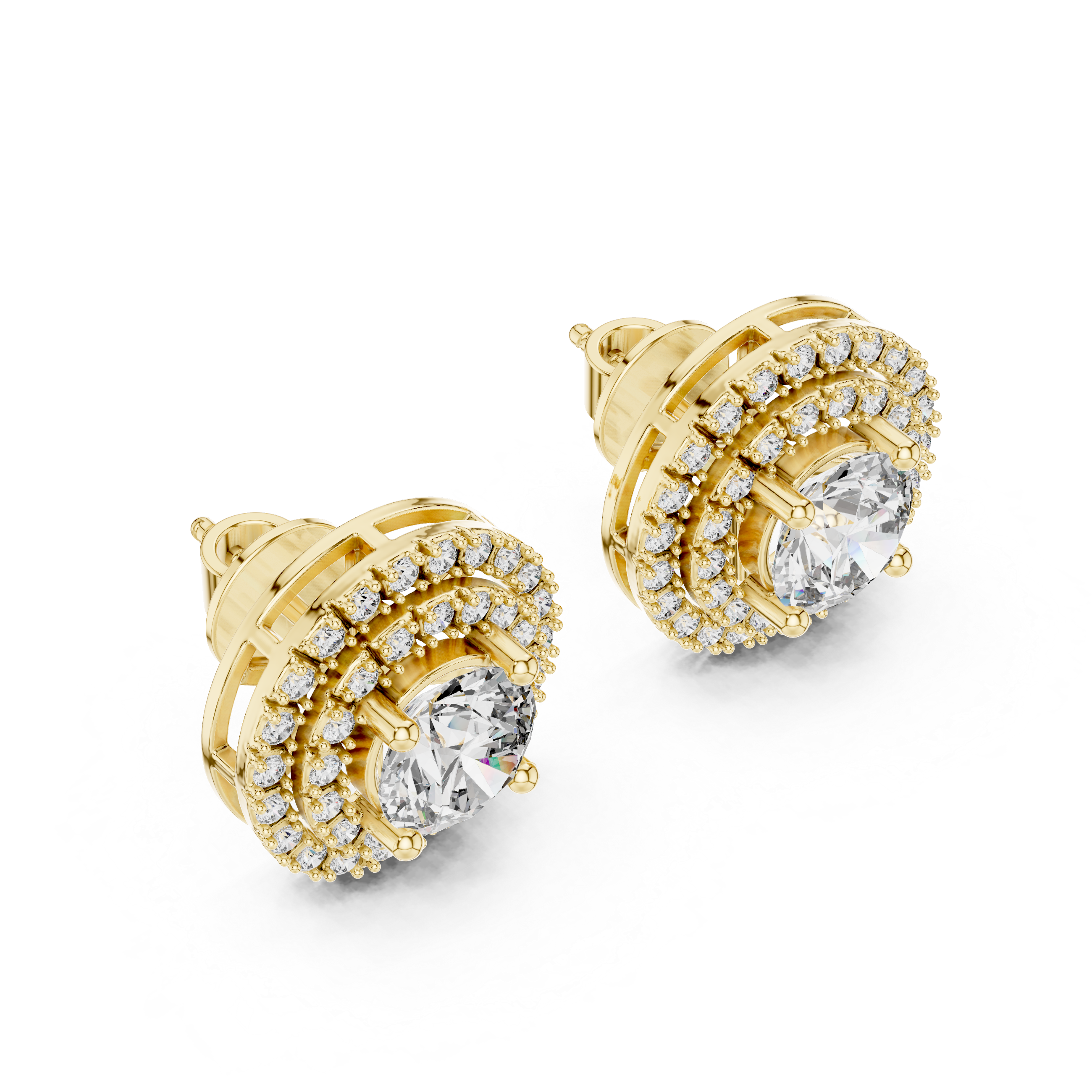 Fine Jewelry Double Halo Round Diamond Earrings with Modern Layered Design