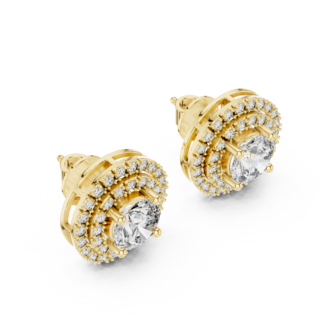 Fine Jewelry Double Halo Round Diamond Earrings with Modern Layered Design