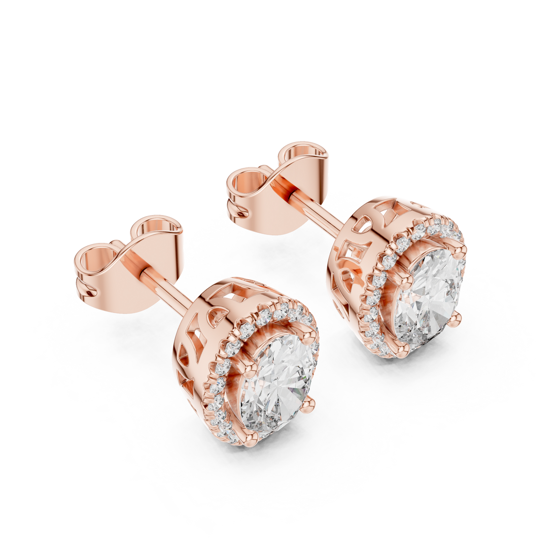 Brilliant Oval Diamond Halo Earrings in Rose Gold – Elegant Fine Jewelry with Sparkling Surround Stones