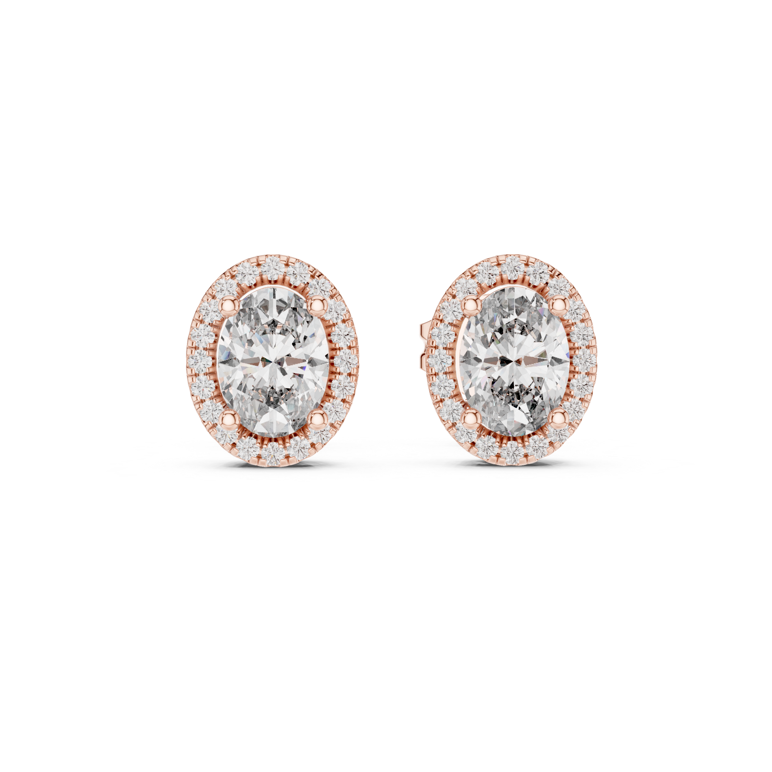Brilliant Oval Diamond Halo Earrings in Rose Gold – Elegant Fine Jewelry with Sparkling Surround Stones