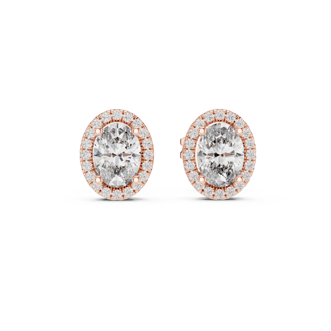 Brilliant Oval Diamond Halo Earrings in Rose Gold – Elegant Fine Jewelry with Sparkling Surround Stones