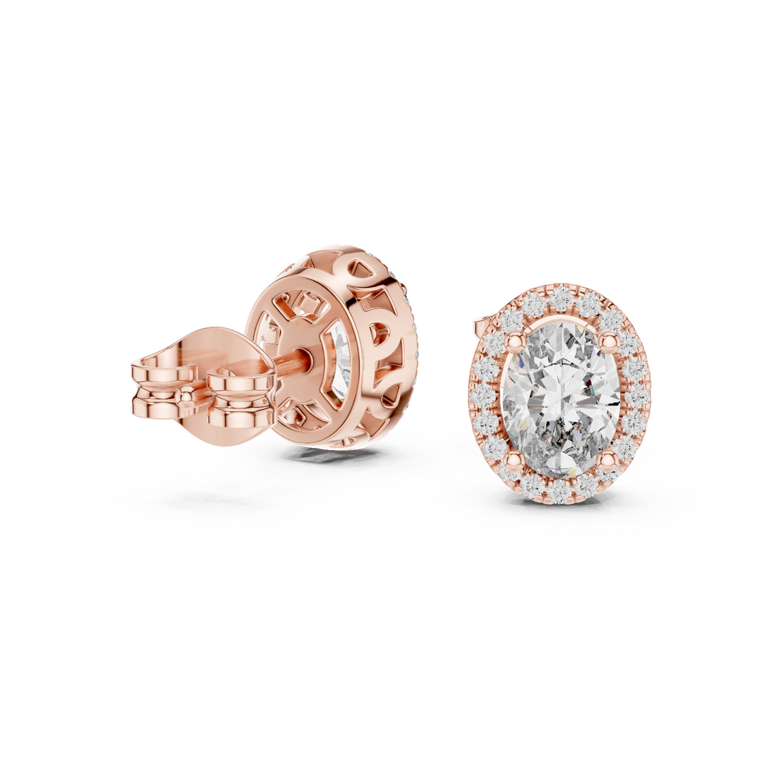 Brilliant Oval Diamond Halo Earrings in Rose Gold – Elegant Fine Jewelry with Sparkling Surround Stones