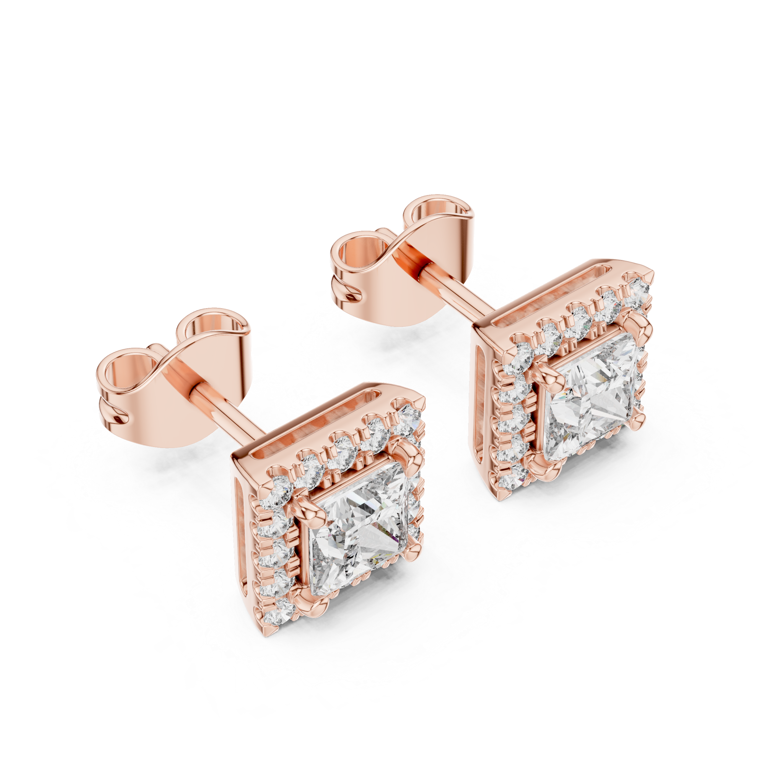 Stylish Square Diamond Halo Stud Earrings – Rose Gold Finish with Brilliant Princess Cut Center