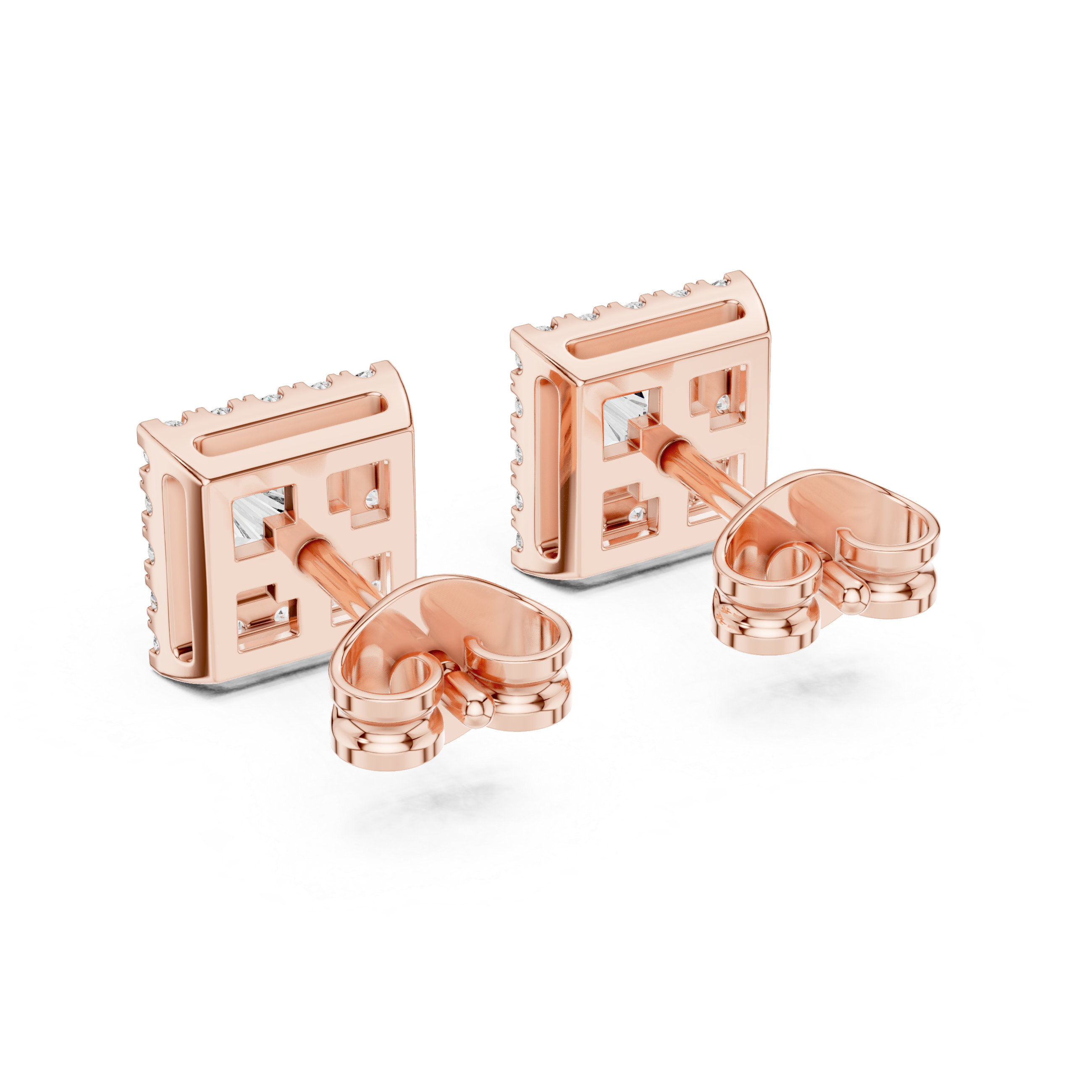 Stylish Square Diamond Halo Stud Earrings – Rose Gold Finish with Brilliant Princess Cut Center