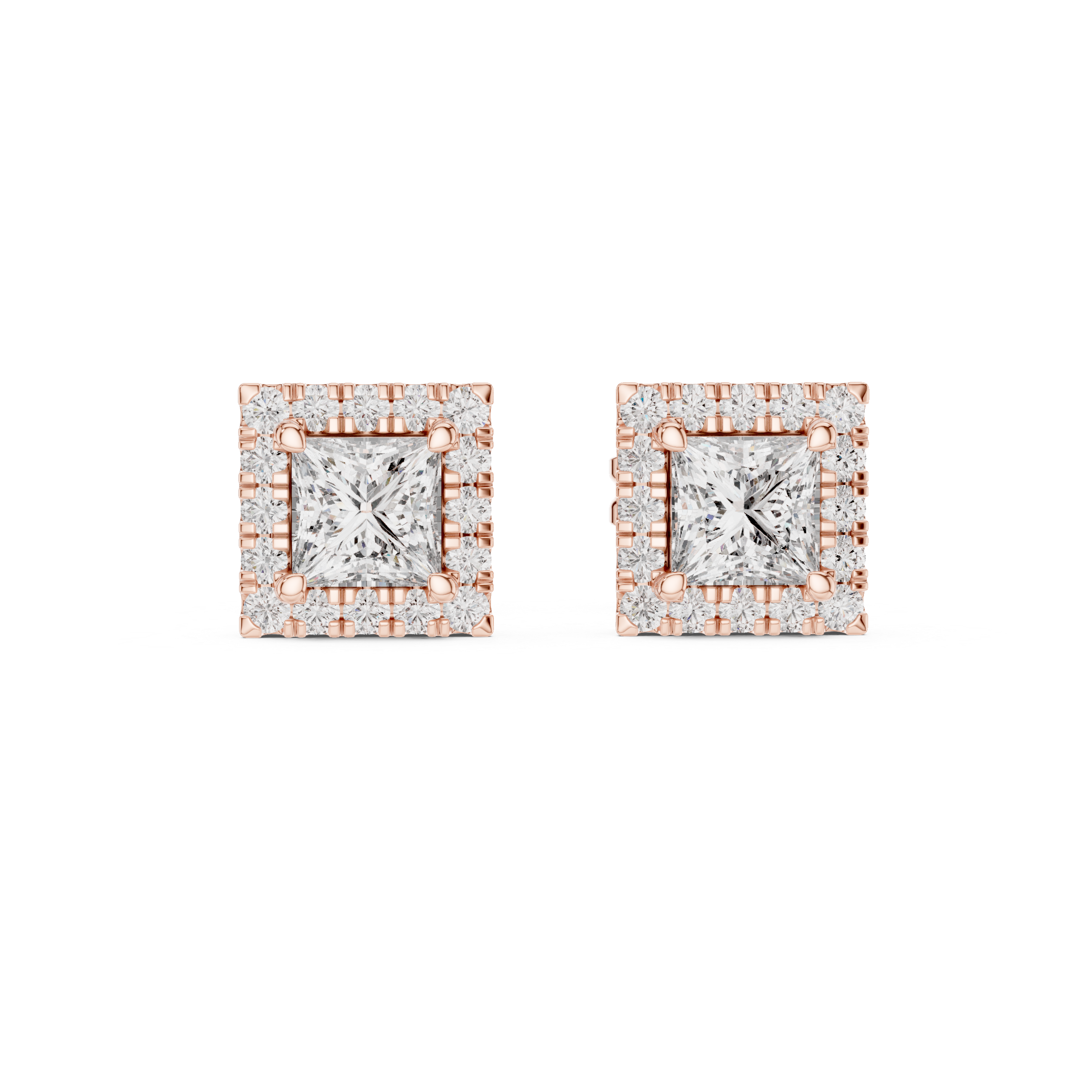 Stylish Square Diamond Halo Stud Earrings – Rose Gold Finish with Brilliant Princess Cut Center