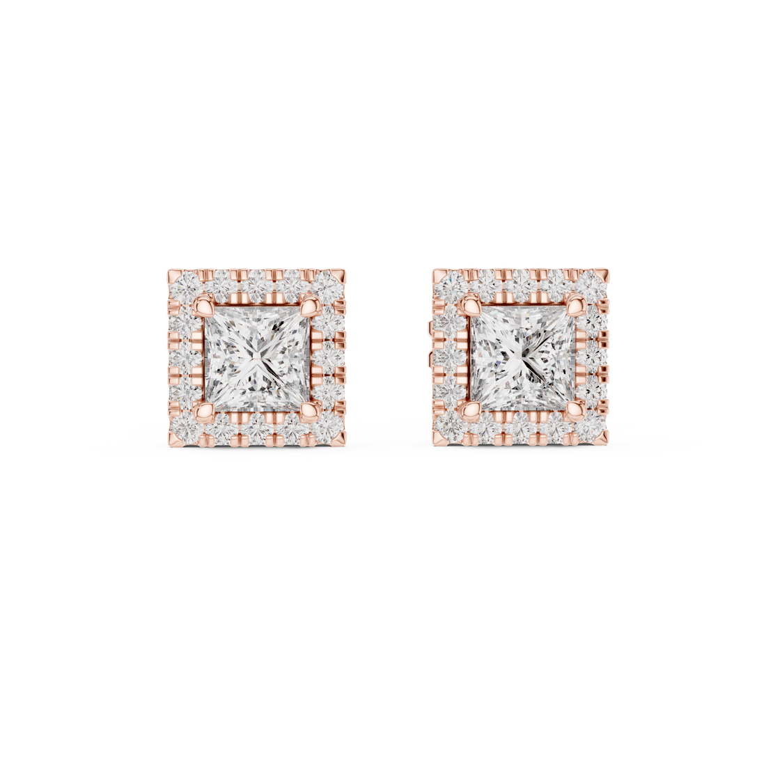 Stylish Square Diamond Halo Stud Earrings – Rose Gold Finish with Brilliant Princess Cut Center