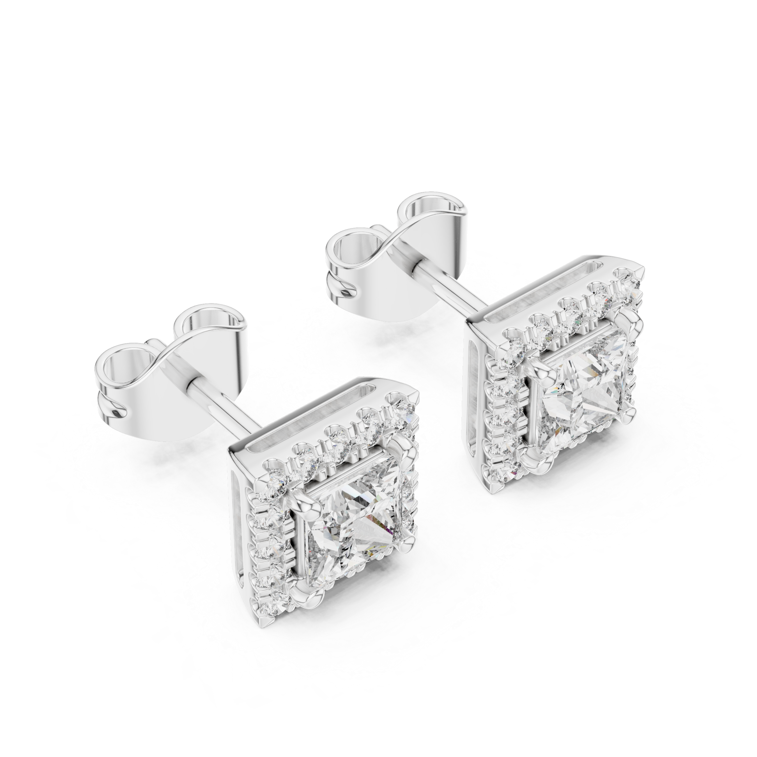 Stylish Square Diamond Halo Stud Earrings – Rose Gold Finish with Brilliant Princess Cut Center