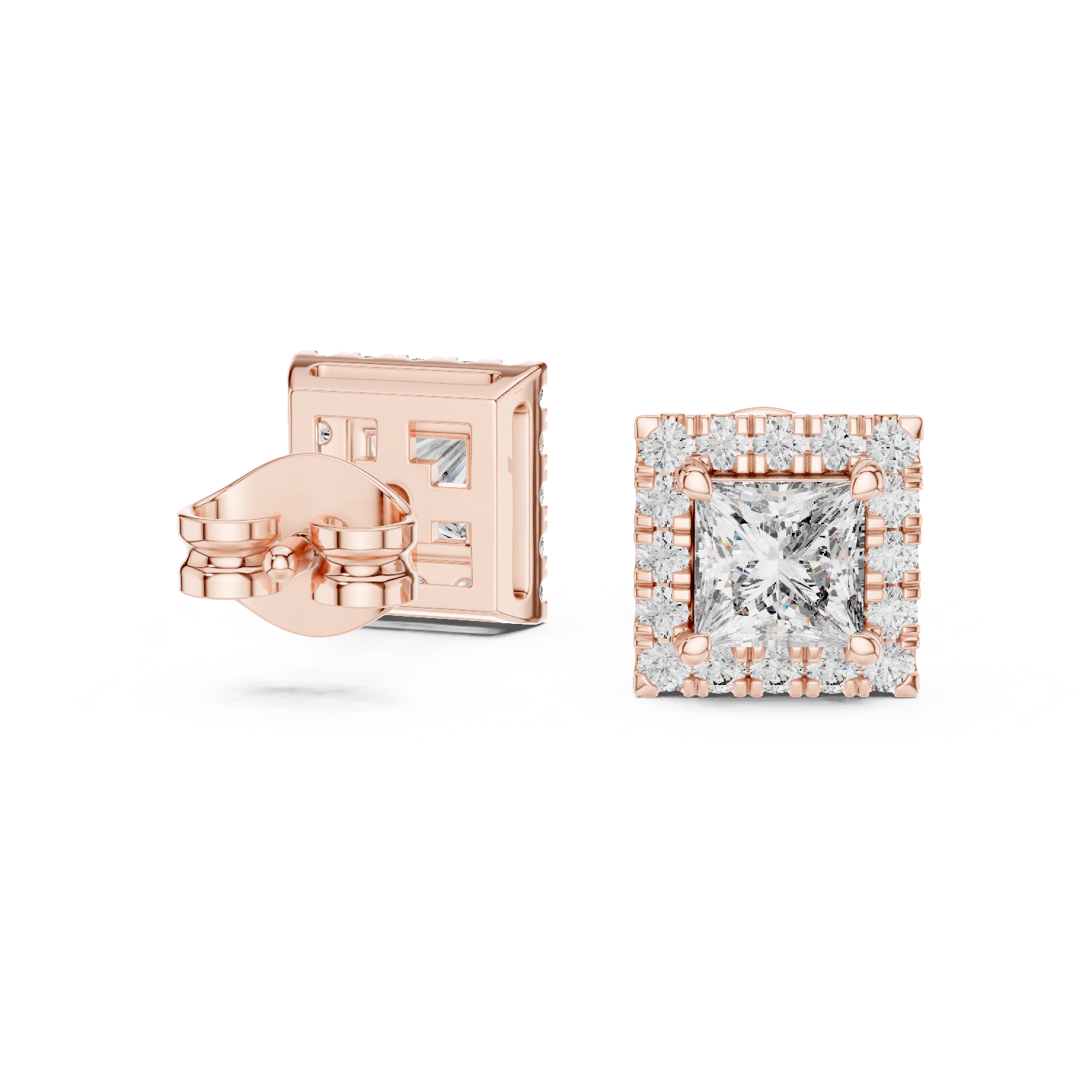 Stylish Square Diamond Halo Stud Earrings – Rose Gold Finish with Brilliant Princess Cut Center
