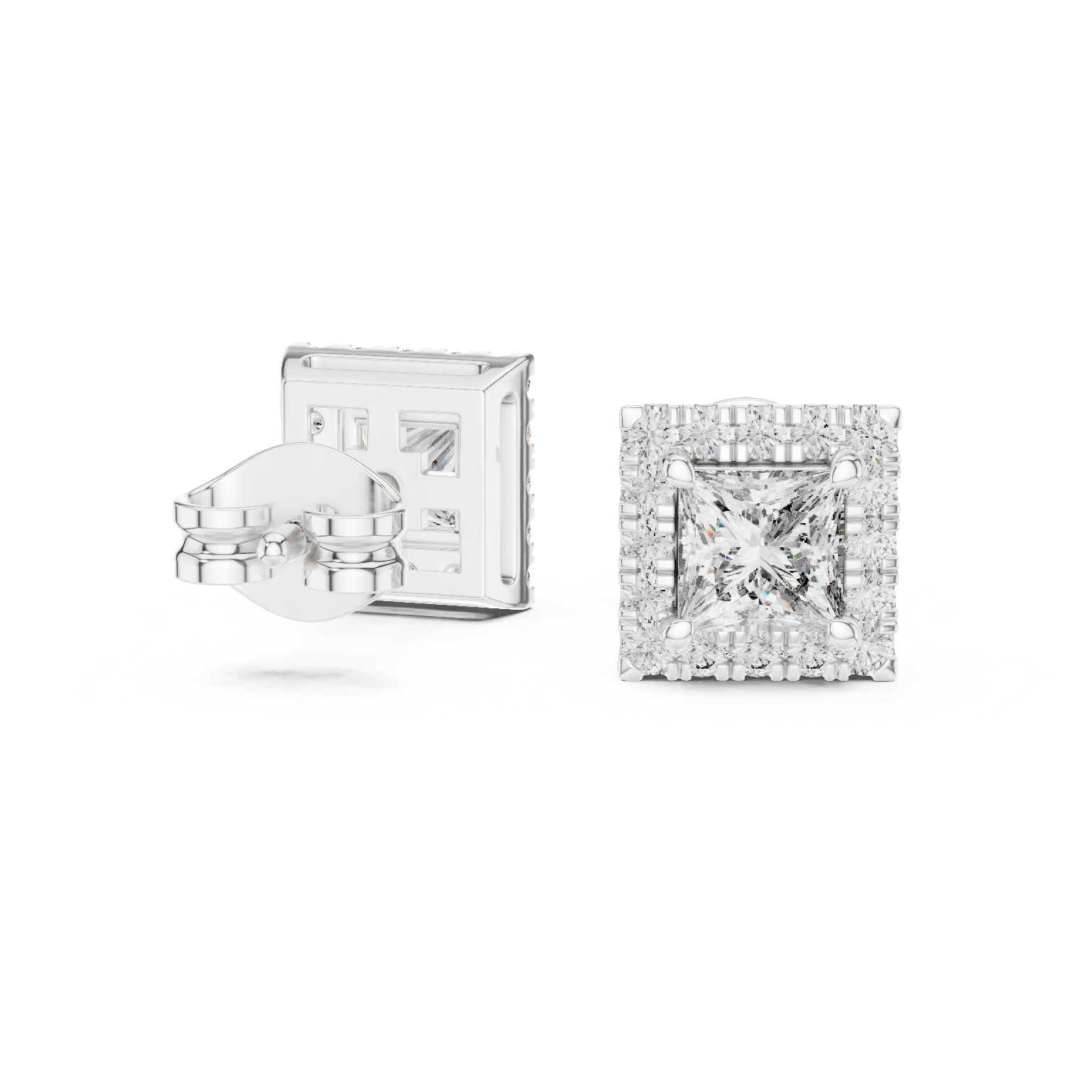 Stylish Square Diamond Halo Stud Earrings – Rose Gold Finish with Brilliant Princess Cut Center