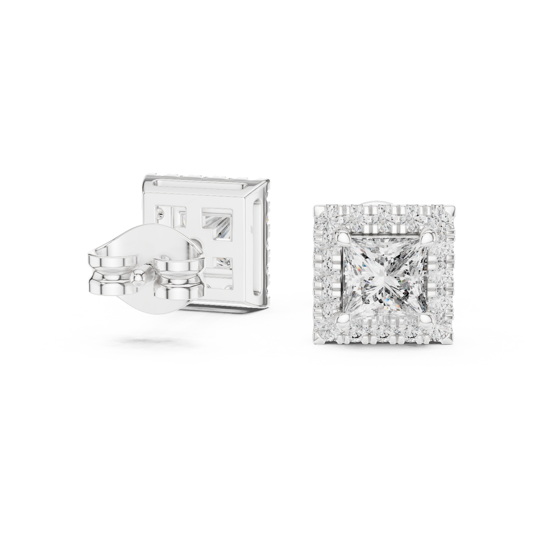 Stylish Square Diamond Halo Stud Earrings – Rose Gold Finish with Brilliant Princess Cut Center