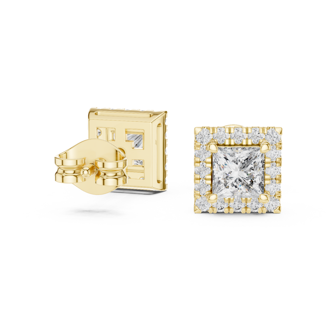Stylish Square Diamond Halo Stud Earrings – Rose Gold Finish with Brilliant Princess Cut Center