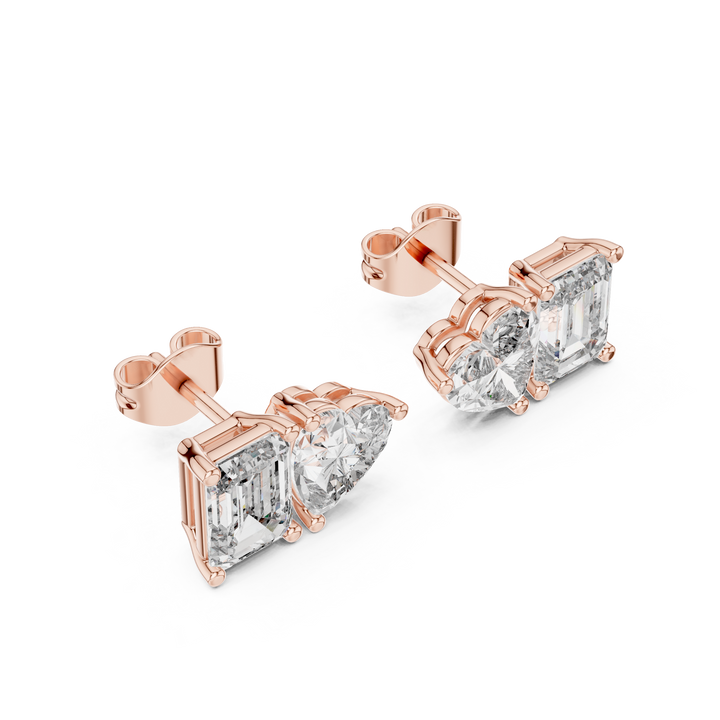Stylish Asymmetrical Diamond Stud Earrings – Emerald Cut & Heart Shape in Rose Gold Finish