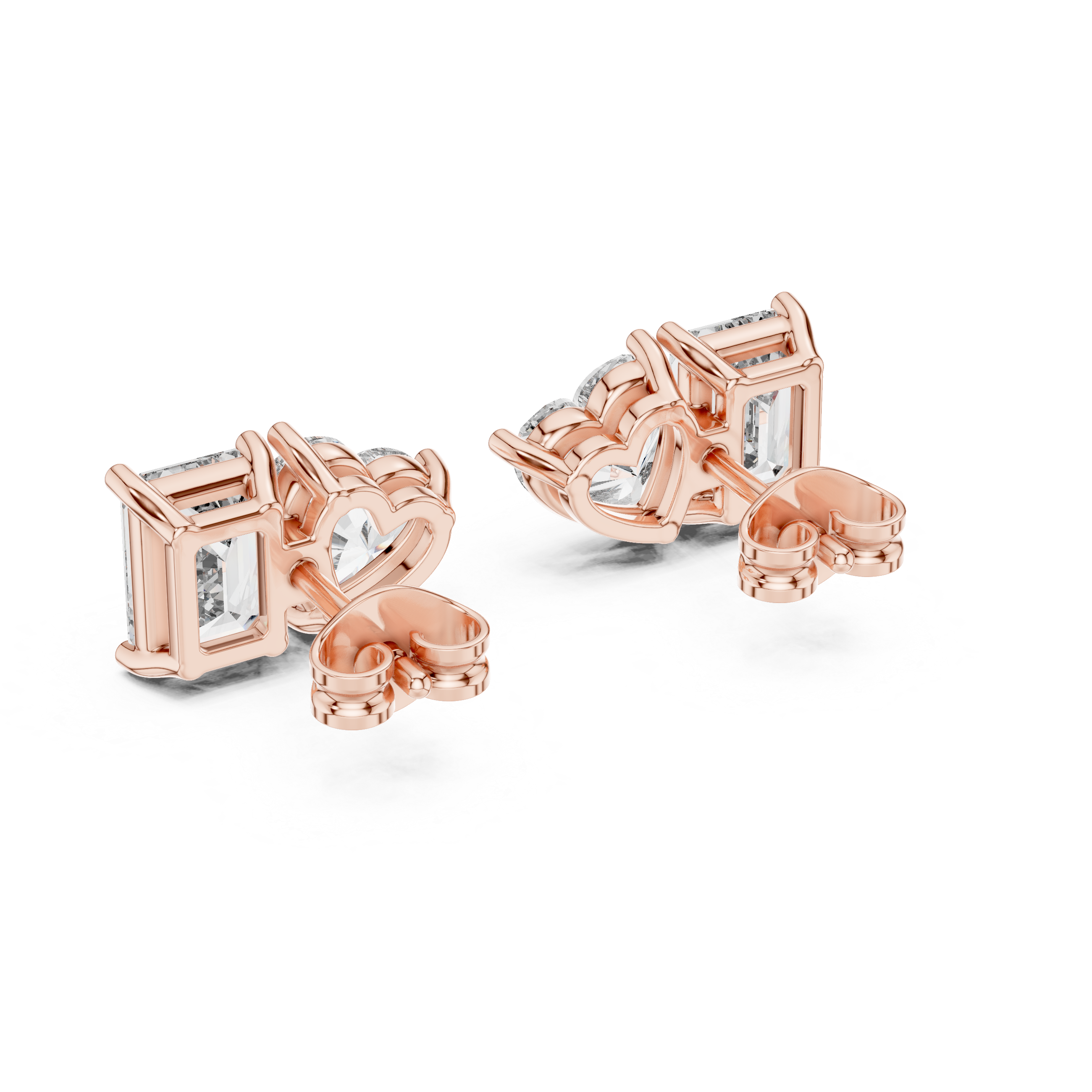 Stylish Asymmetrical Diamond Stud Earrings – Emerald Cut & Heart Shape in Rose Gold Finish