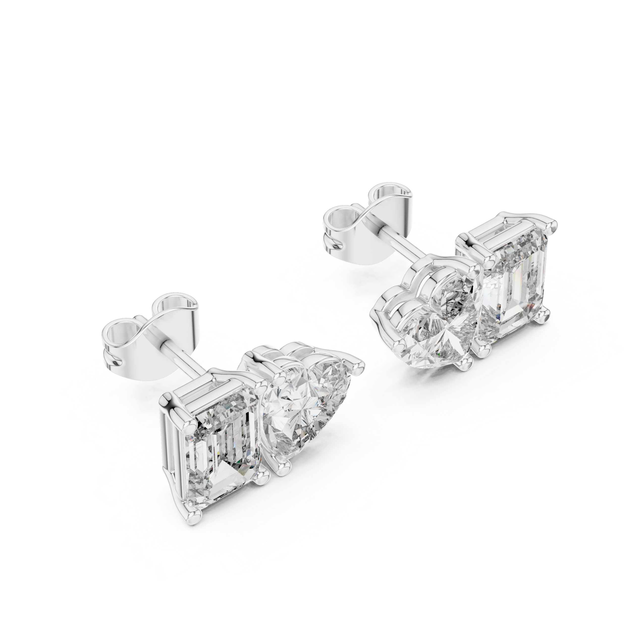 Stylish Asymmetrical Diamond Stud Earrings – Emerald Cut & Heart Shape in Rose Gold Finish