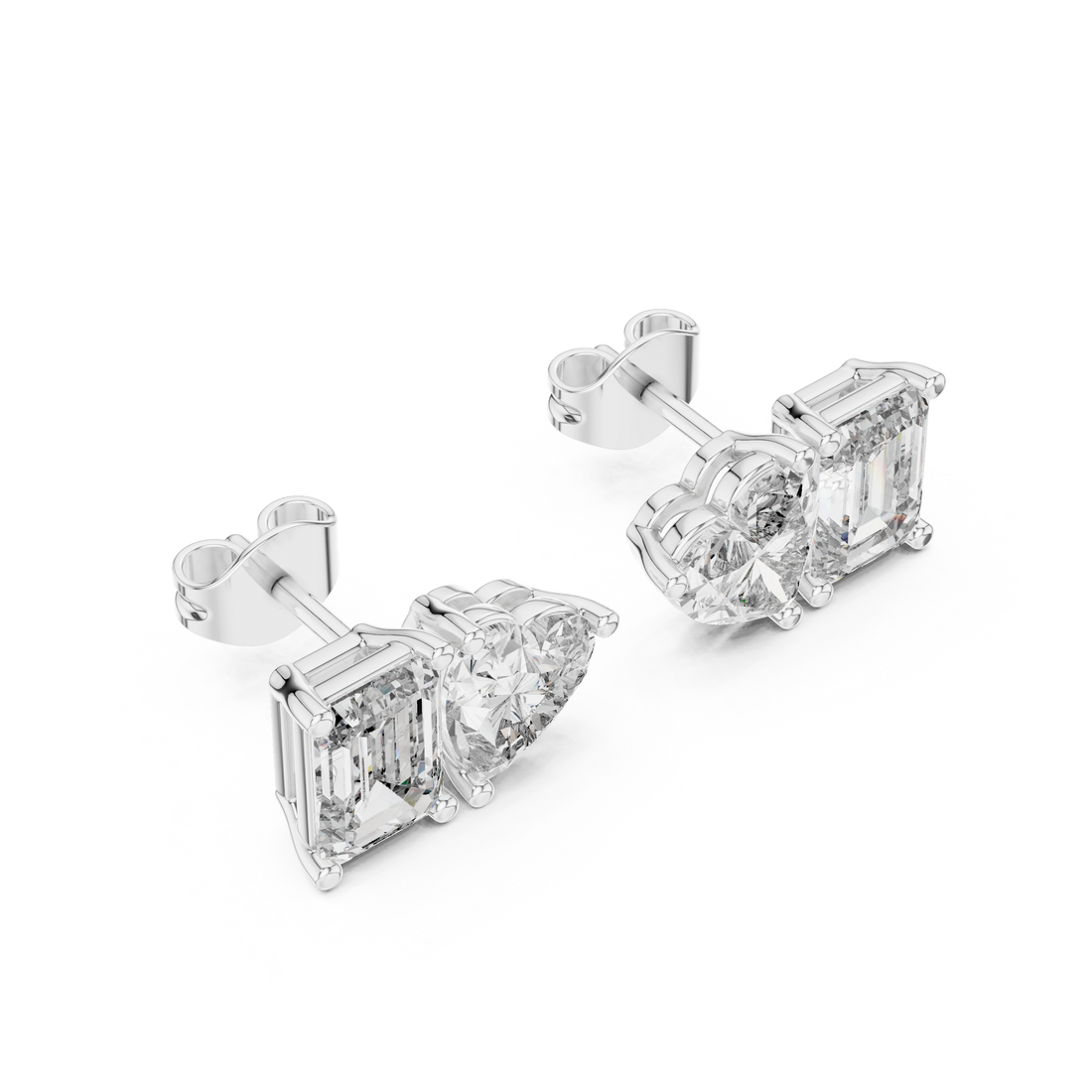 Stylish Asymmetrical Diamond Stud Earrings – Emerald Cut & Heart Shape in Rose Gold Finish
