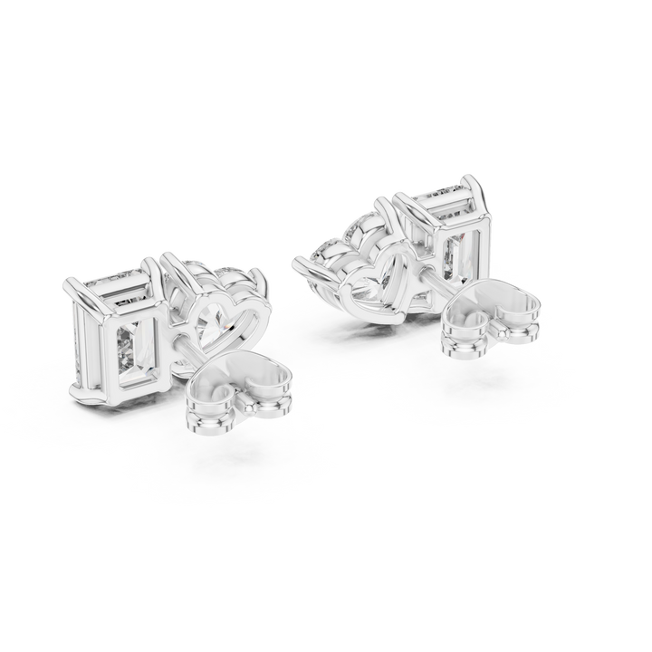 Stylish Asymmetrical Diamond Stud Earrings – Emerald Cut & Heart Shape in Rose Gold Finish