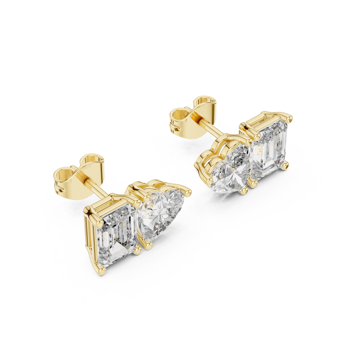 Stylish Asymmetrical Diamond Stud Earrings – Emerald Cut & Heart Shape in Rose Gold Finish