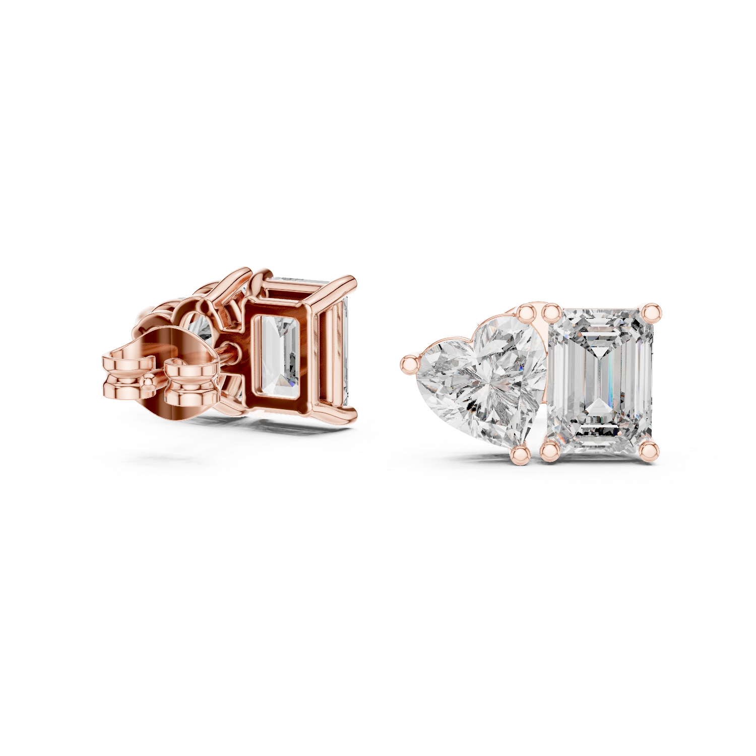 Stylish Asymmetrical Diamond Stud Earrings – Emerald Cut & Heart Shape in Rose Gold Finish