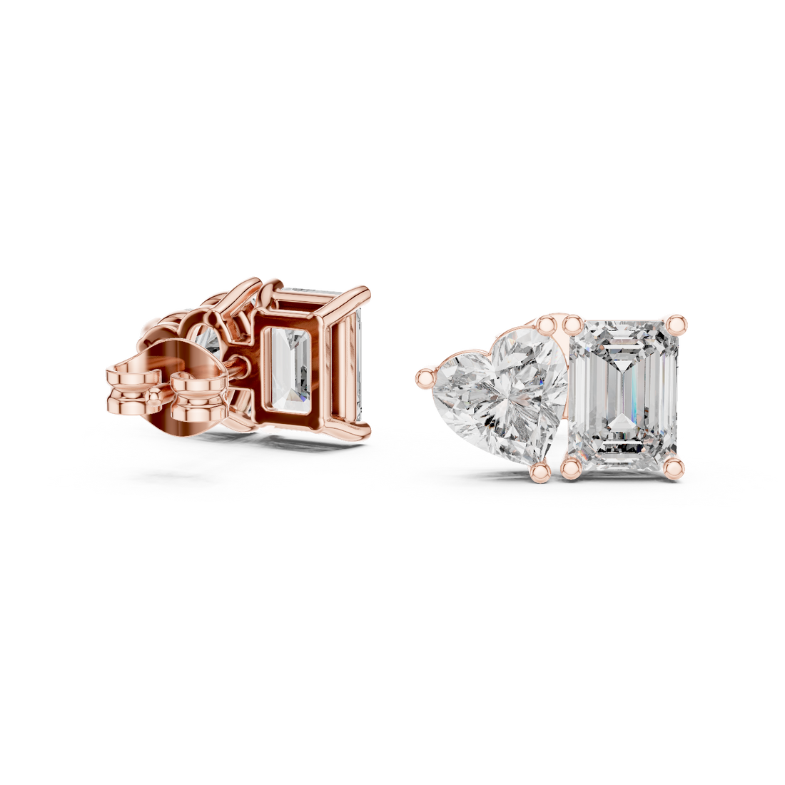 Stylish Asymmetrical Diamond Stud Earrings – Emerald Cut & Heart Shape in Rose Gold Finish