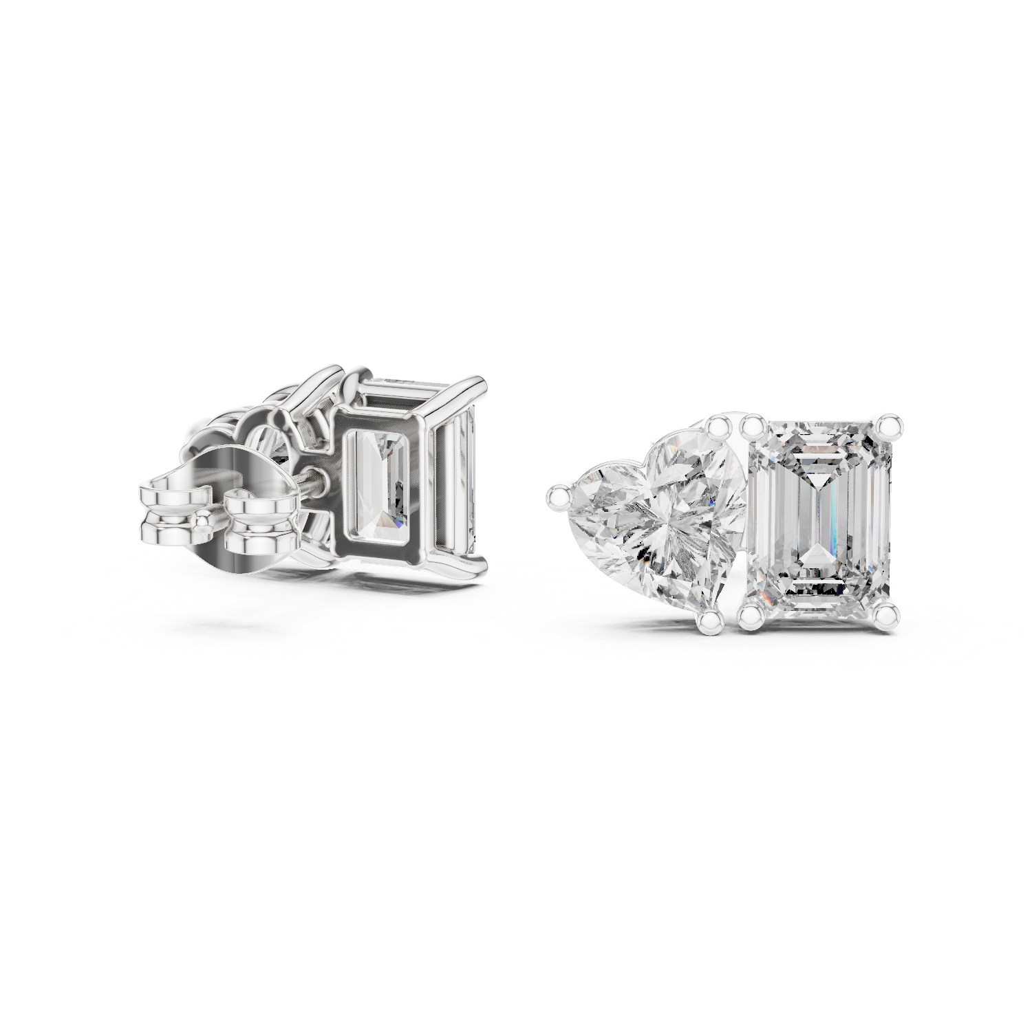 Stylish Asymmetrical Diamond Stud Earrings – Emerald Cut & Heart Shape in Rose Gold Finish