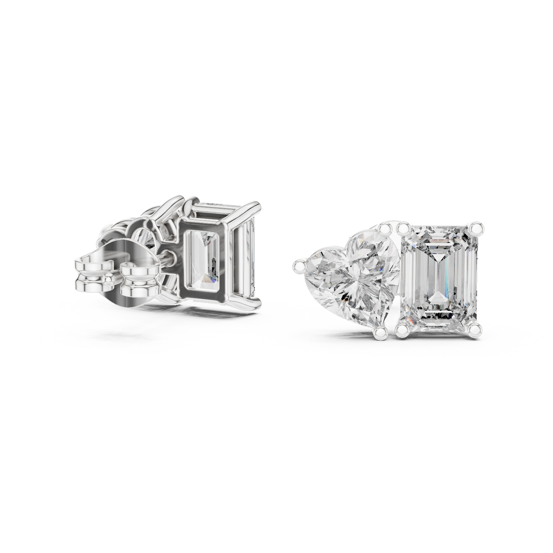 Stylish Asymmetrical Diamond Stud Earrings – Emerald Cut & Heart Shape in Rose Gold Finish