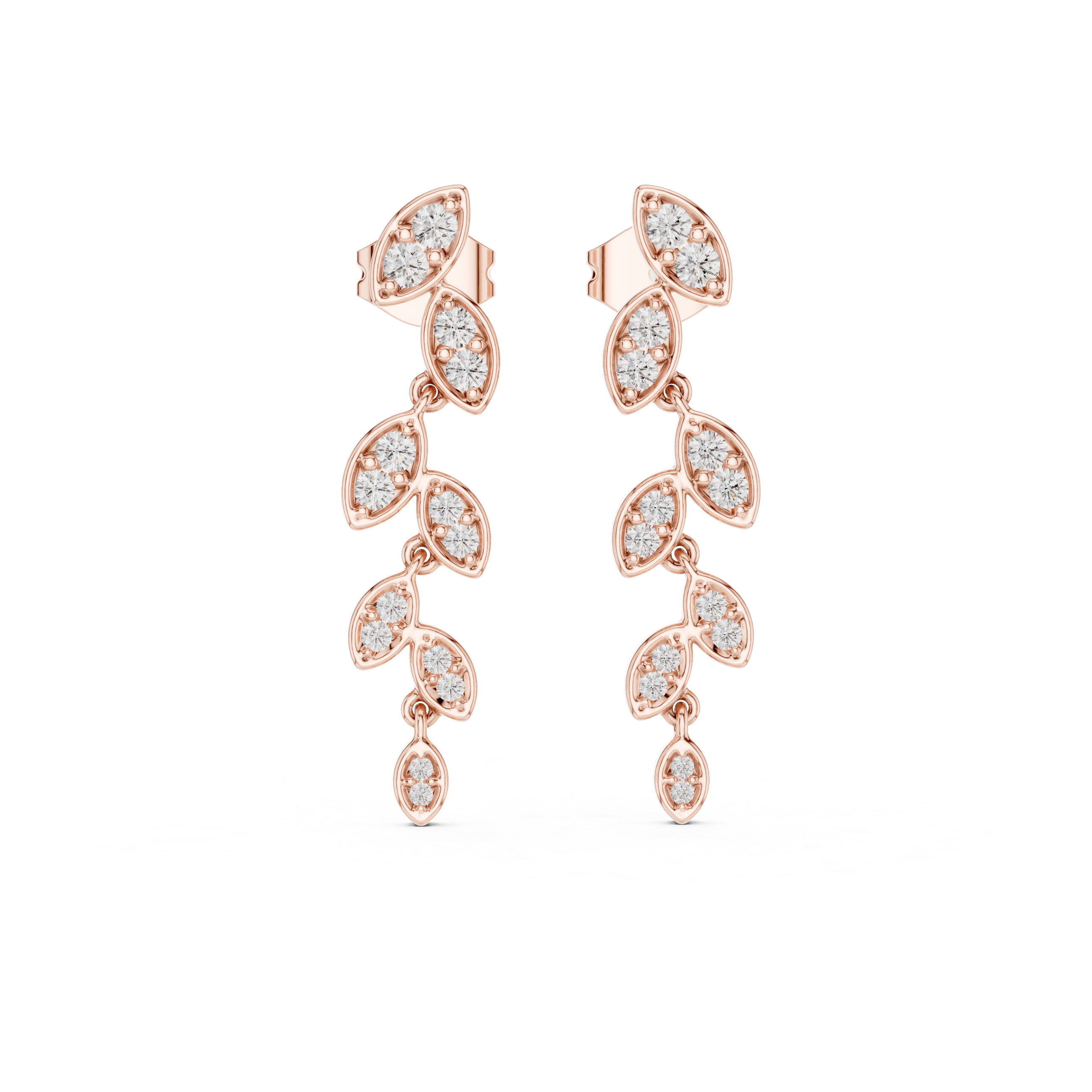 Designer Leaf Pattern Diamond Drop Earrings – Stylish Rose Gold Long Dangles