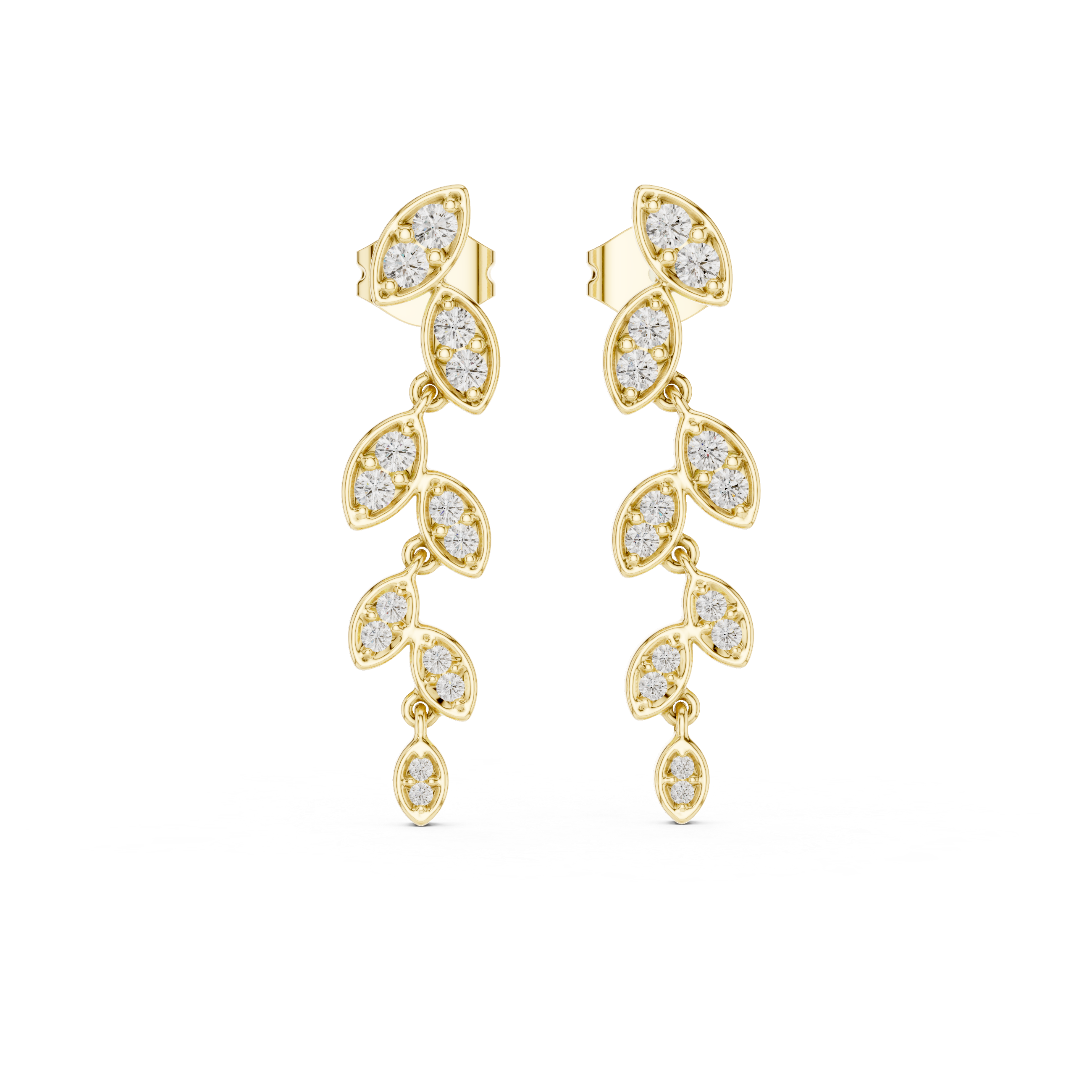 Designer Leaf Pattern Diamond Drop Earrings – Stylish Rose Gold Long Dangles