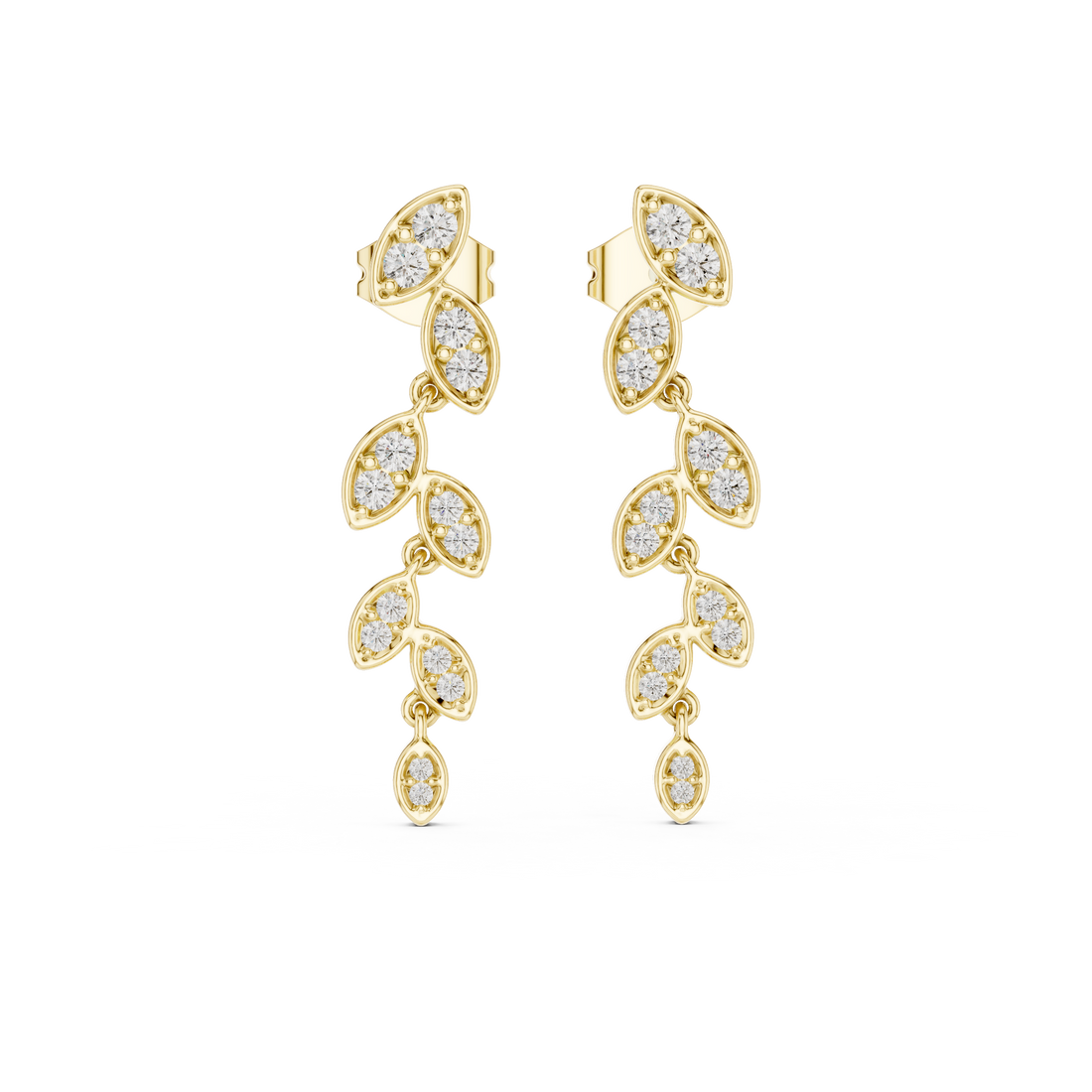 Designer Leaf Pattern Diamond Drop Earrings – Stylish Rose Gold Long Dangles