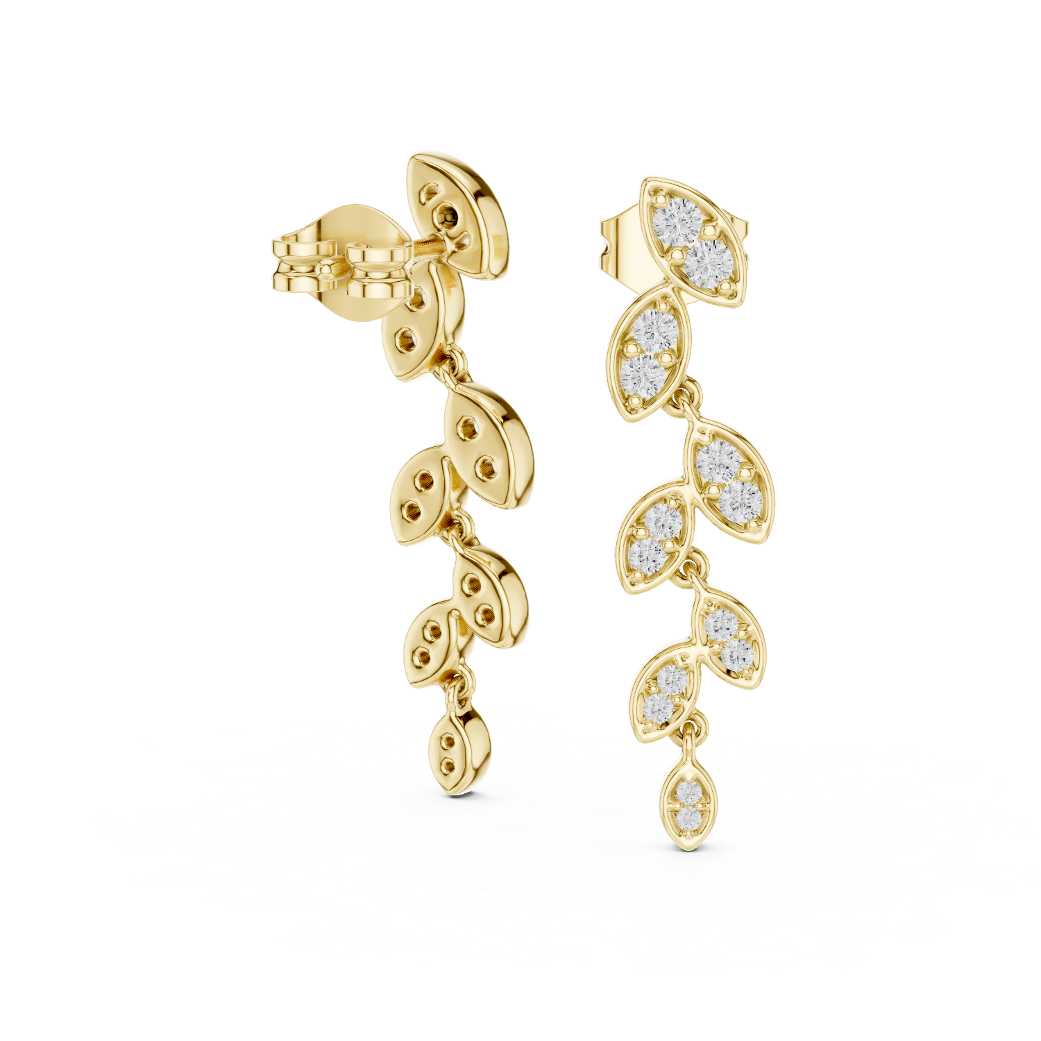 Designer Leaf Pattern Diamond Drop Earrings – Stylish Rose Gold Long Dangles
