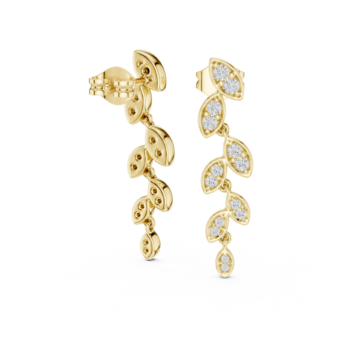Designer Leaf Pattern Diamond Drop Earrings – Stylish Rose Gold Long Dangles