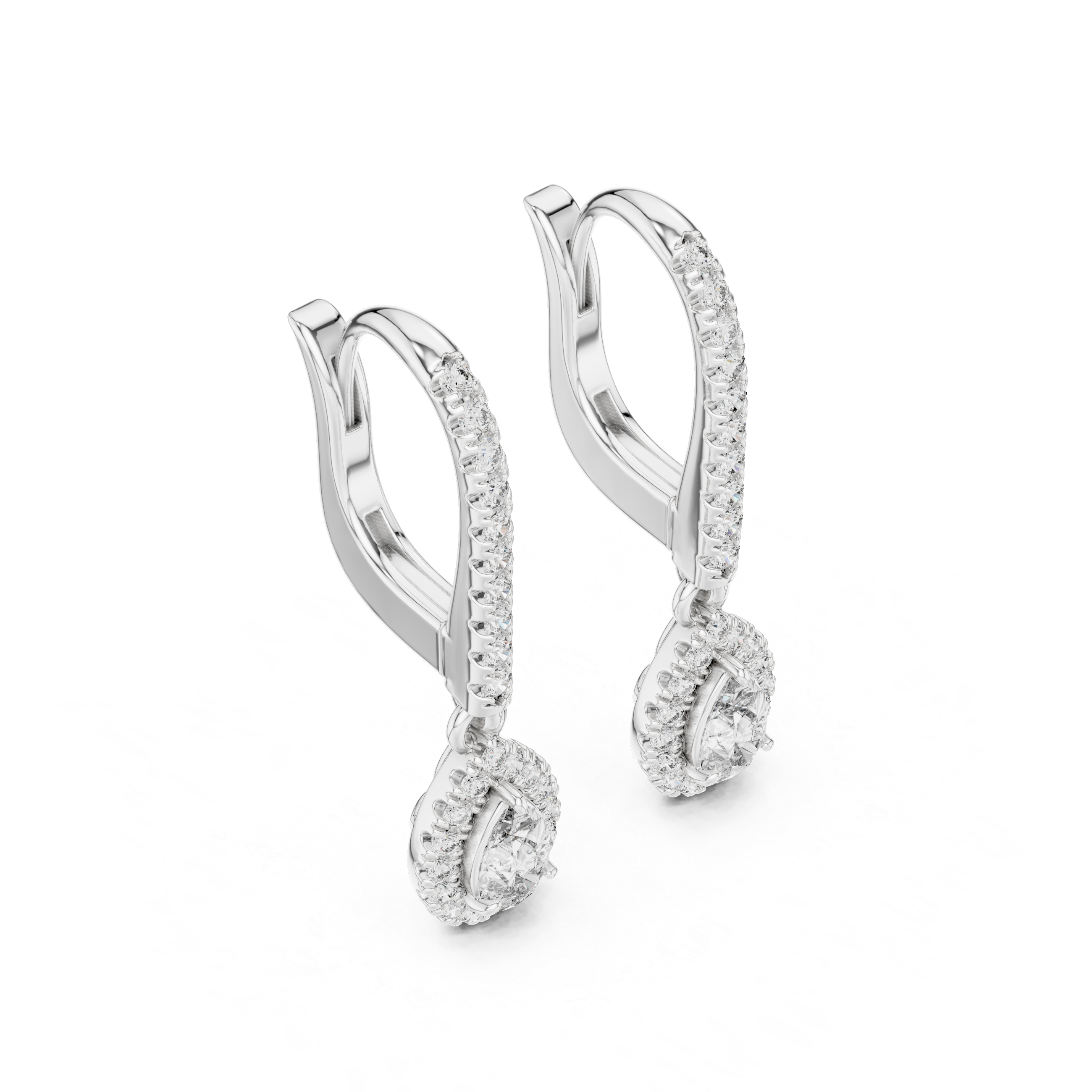 Classic Diamond Halo Teardrop Dangle Earrings in White Gold – Timeless Elegant Party Wear Design