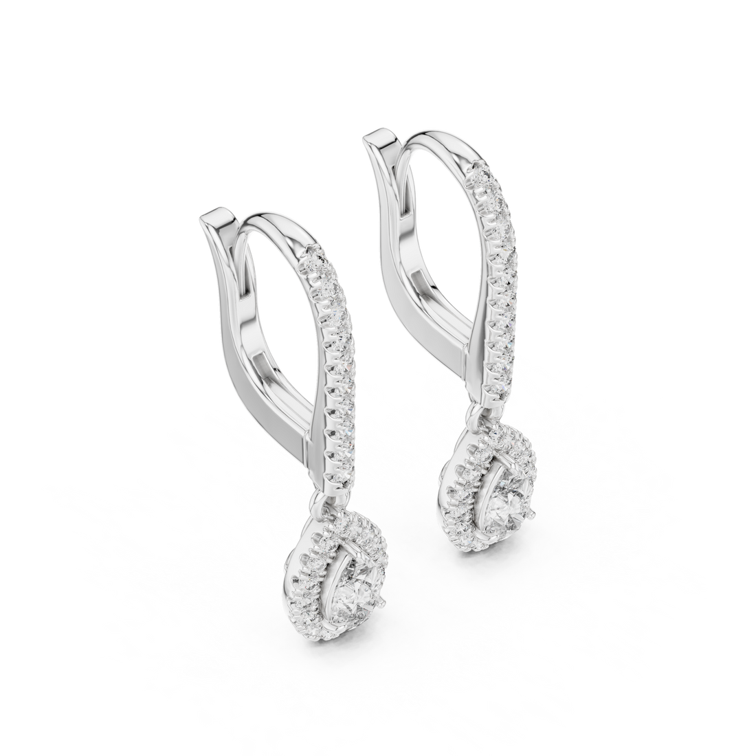 Classic Diamond Halo Teardrop Dangle Earrings in White Gold – Timeless Elegant Party Wear Design