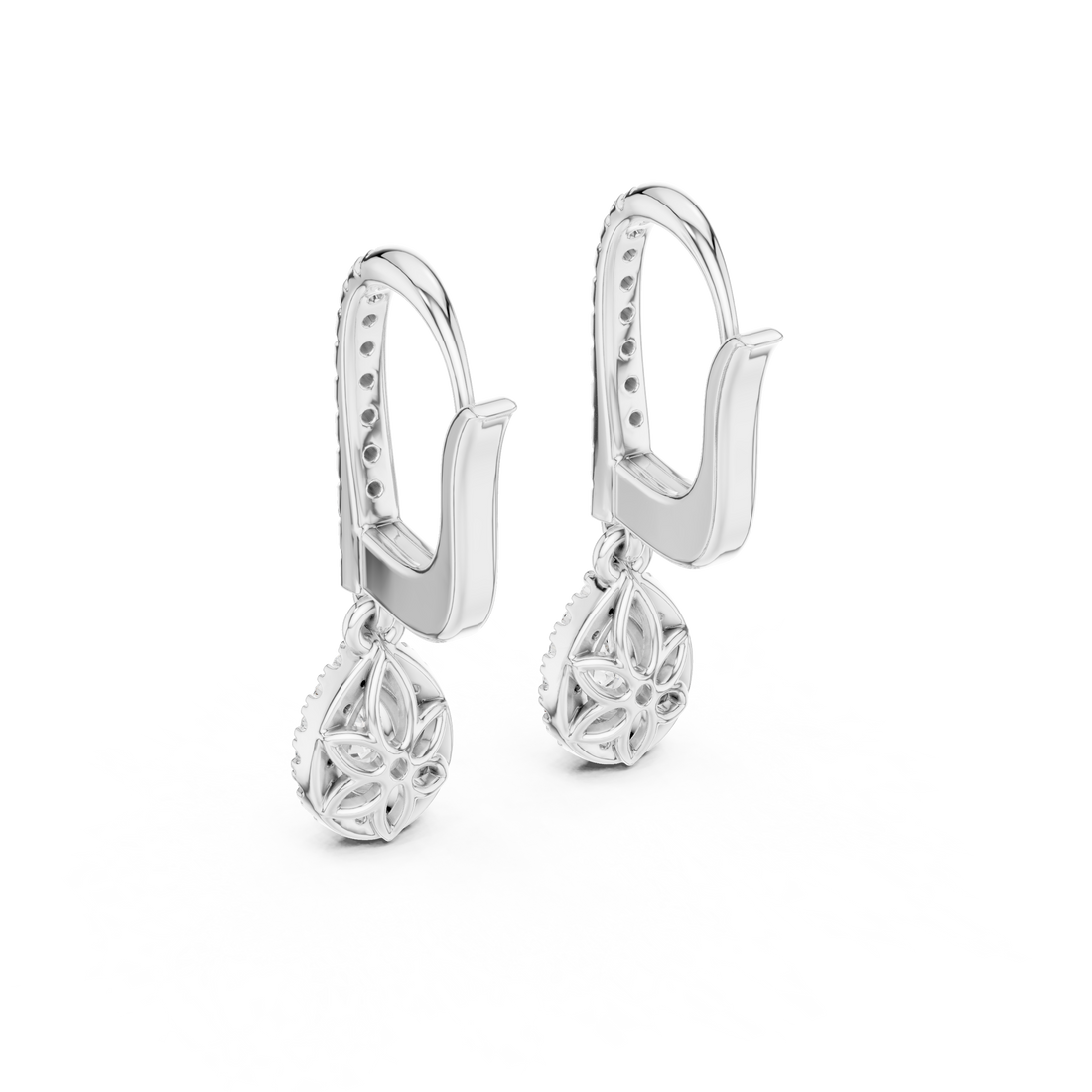 Classic Diamond Halo Teardrop Dangle Earrings in White Gold – Timeless Elegant Party Wear Design