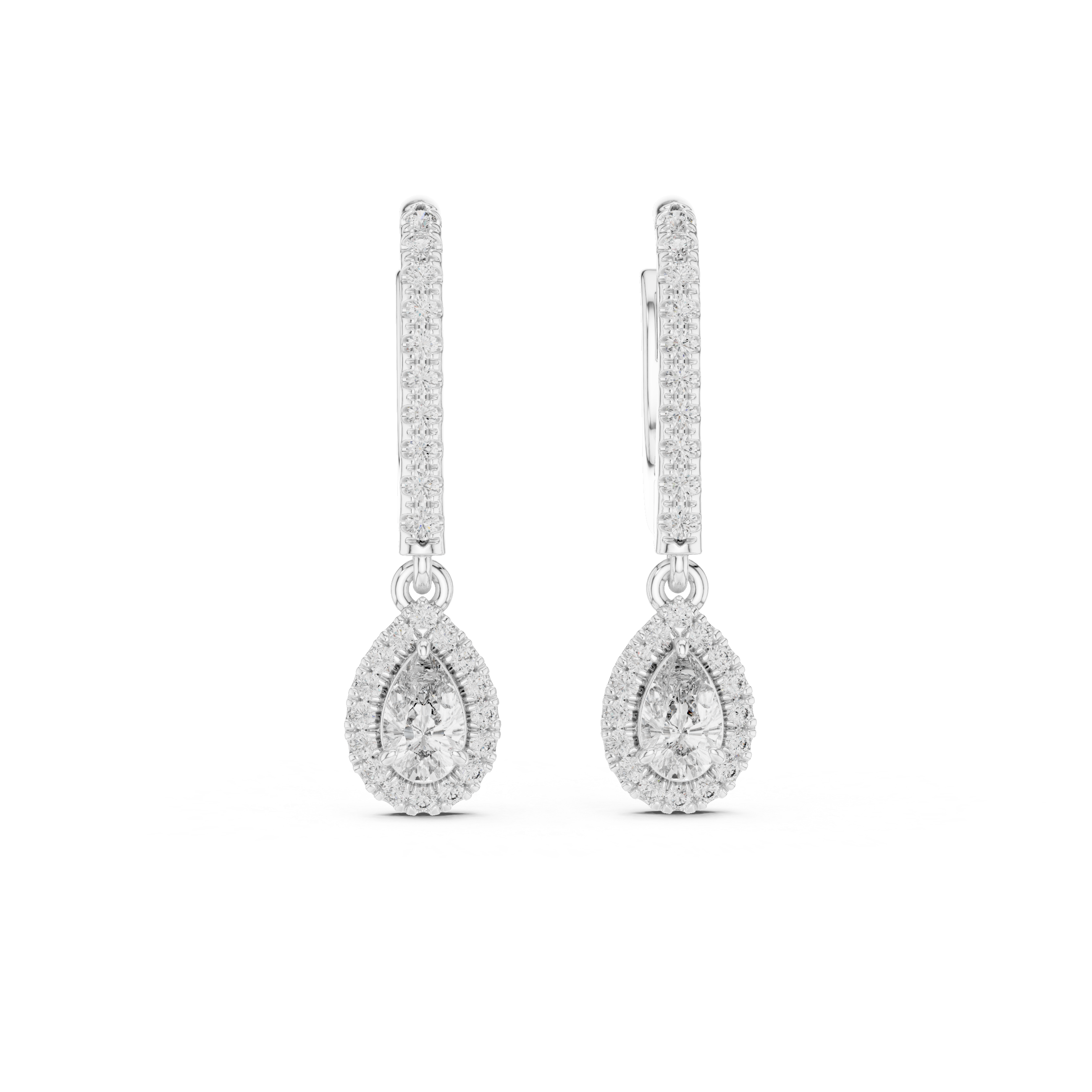 Classic Diamond Halo Teardrop Dangle Earrings in White Gold – Timeless Elegant Party Wear Design
