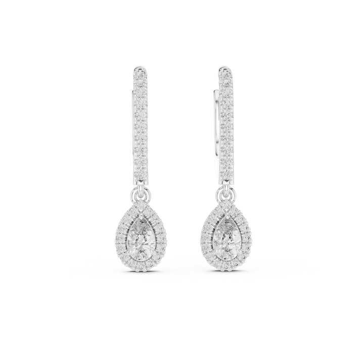 Classic Diamond Halo Teardrop Dangle Earrings in White Gold – Timeless Elegant Party Wear Design