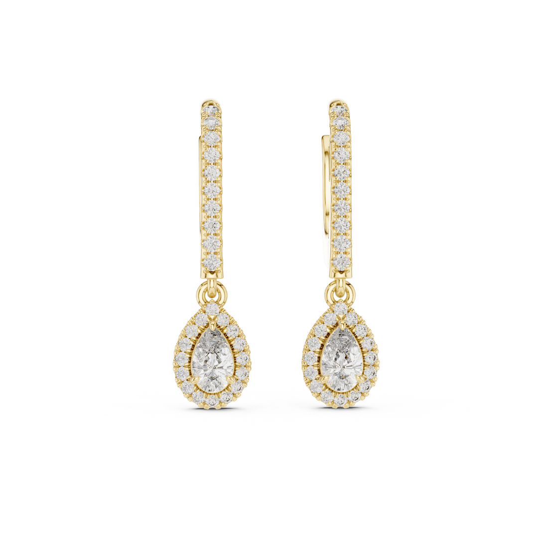Classic Diamond Halo Teardrop Dangle Earrings in White Gold – Timeless Elegant Party Wear Design