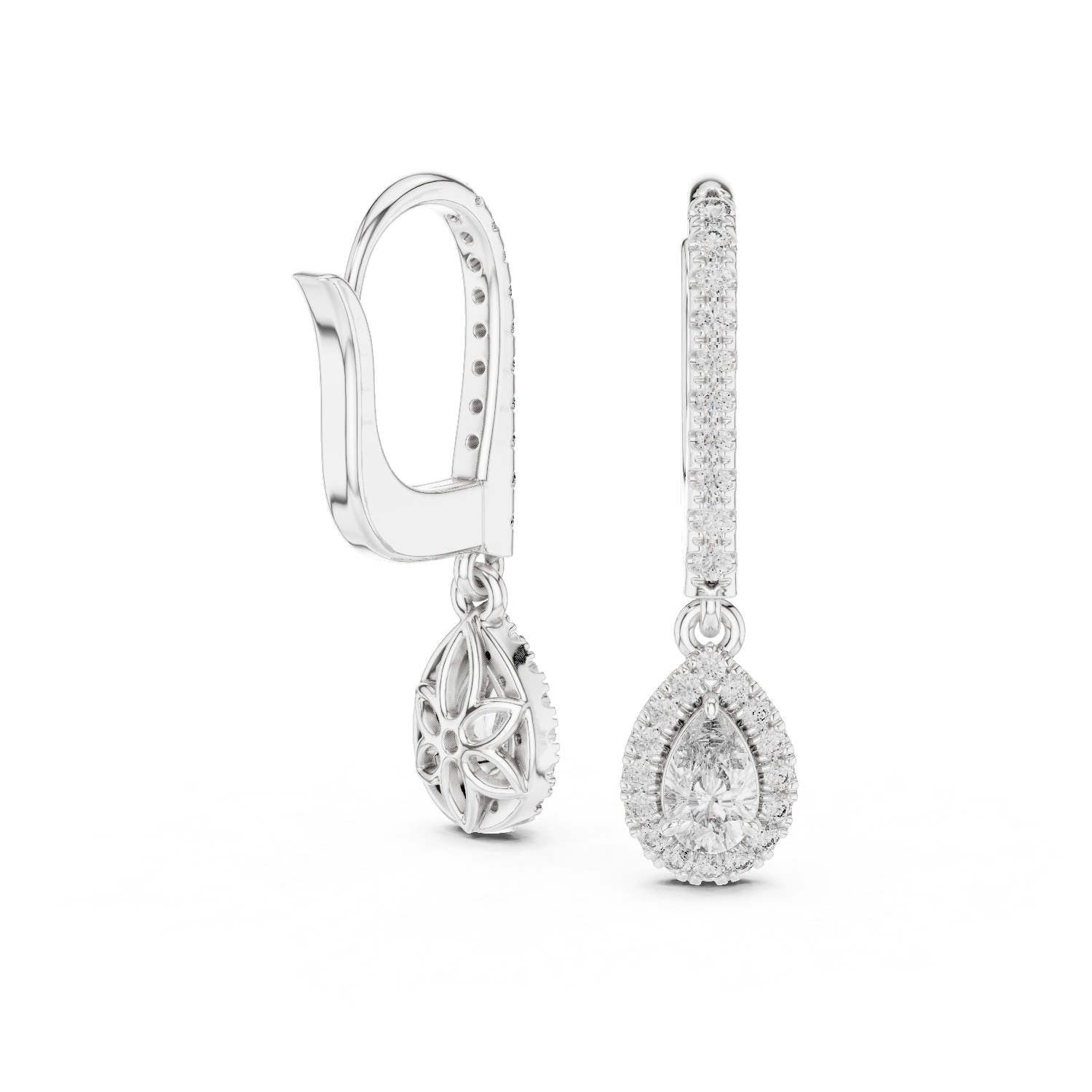 Classic Diamond Halo Teardrop Dangle Earrings in White Gold – Timeless Elegant Party Wear Design