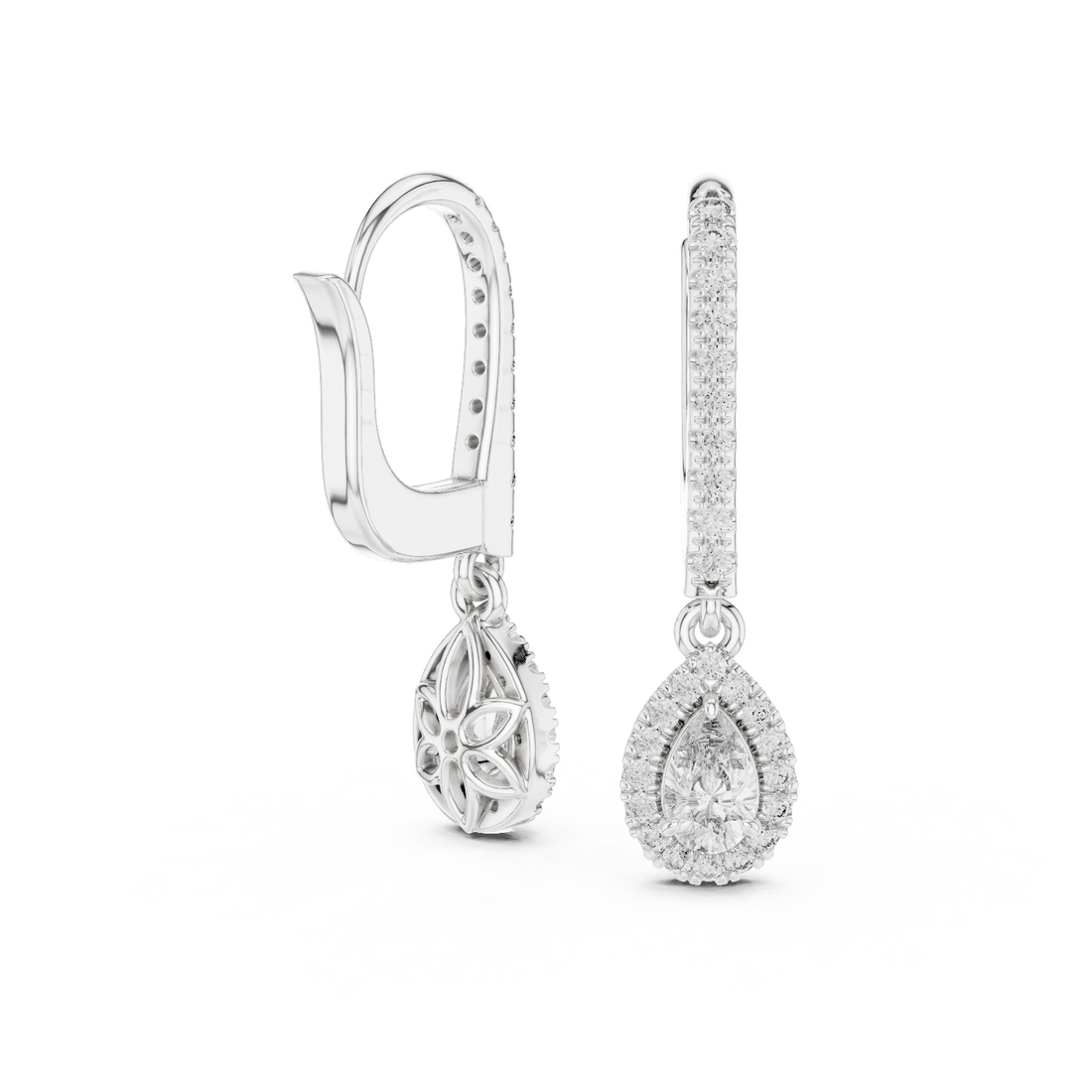 Classic Diamond Halo Teardrop Dangle Earrings in White Gold – Timeless Elegant Party Wear Design