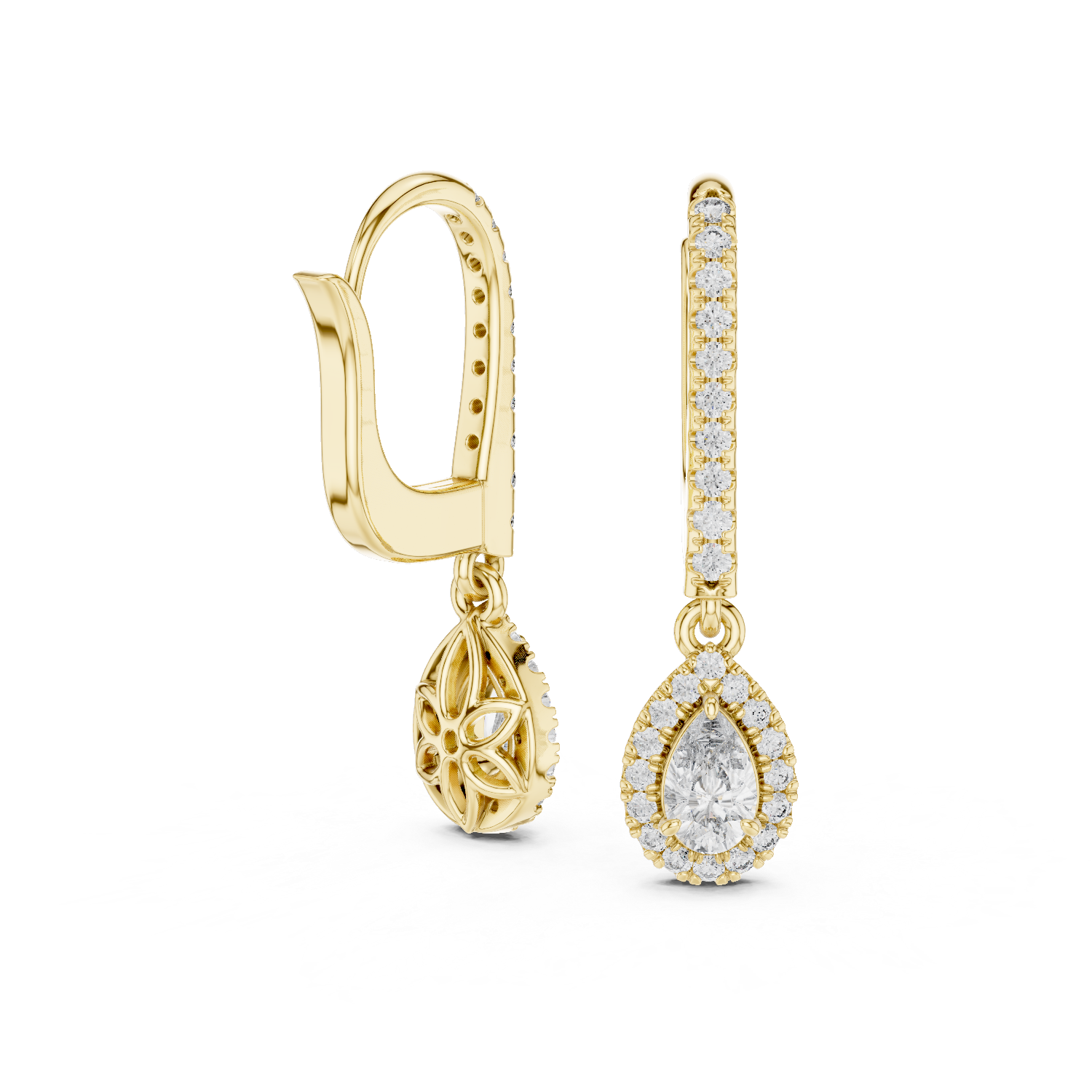 Classic Diamond Halo Teardrop Dangle Earrings in White Gold – Timeless Elegant Party Wear Design