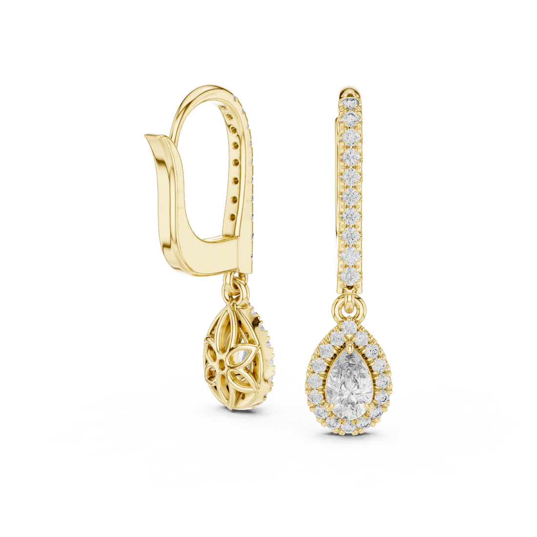 Classic Diamond Halo Teardrop Dangle Earrings in White Gold – Timeless Elegant Party Wear Design