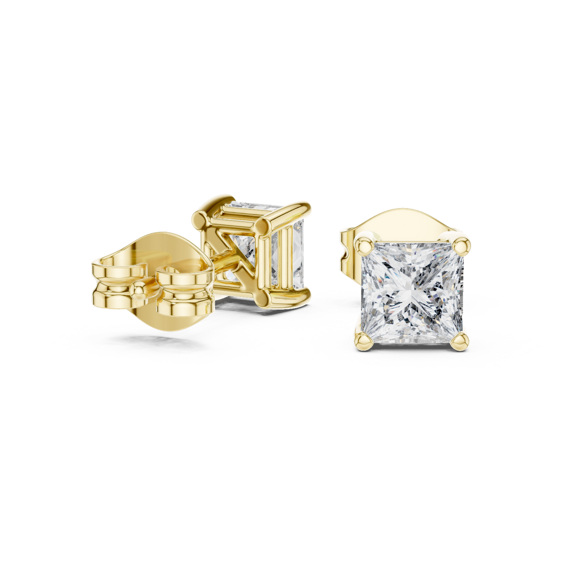 Minimalist Gold Diamond Stud Earrings – Princess Cut Square Solitaire Everyday Style