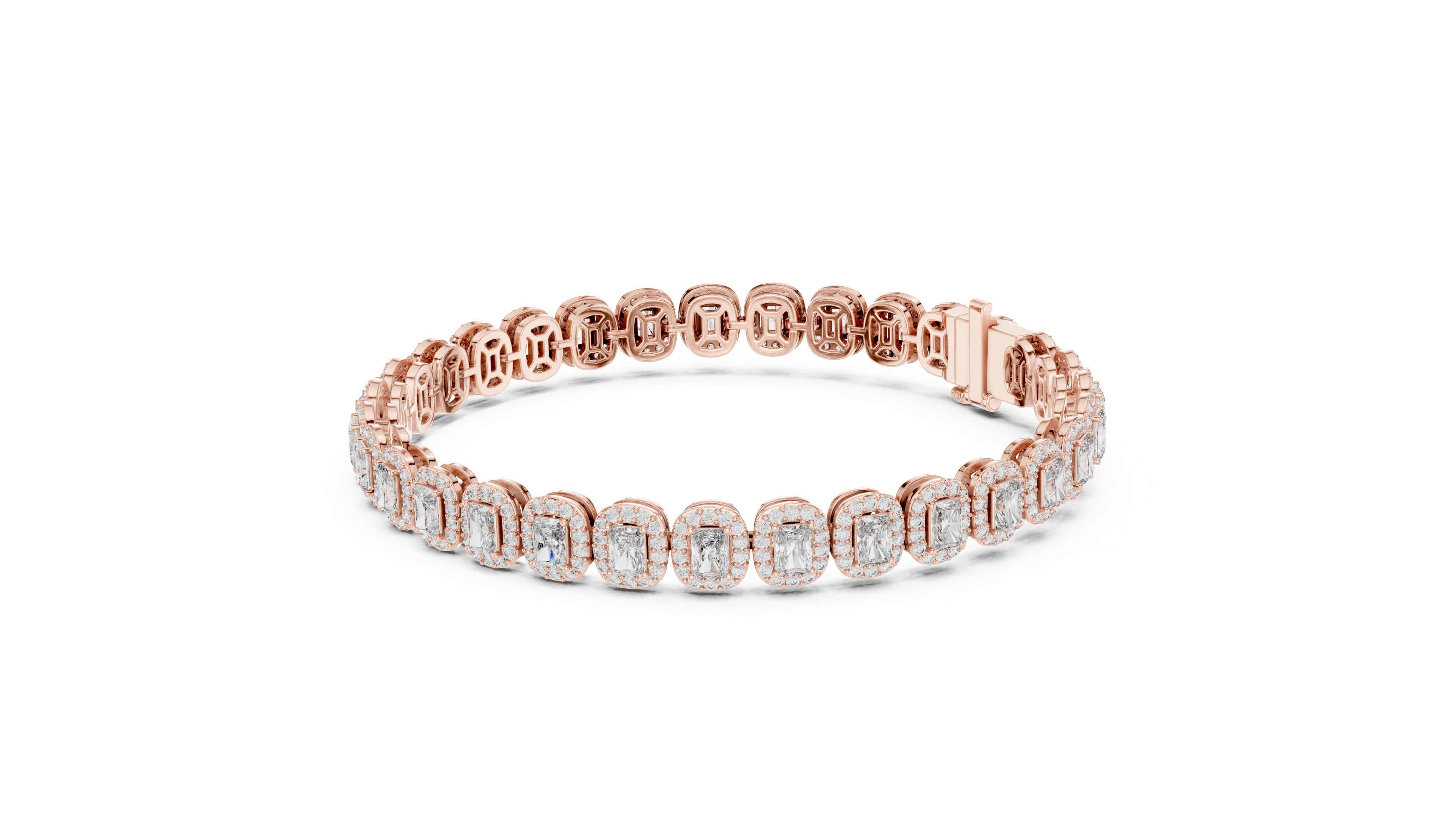 Radiant Halo Diamond Tennis Bracelet in Rose Gold | Radiant Cut Center Stones | Luxury Jewelry for Women