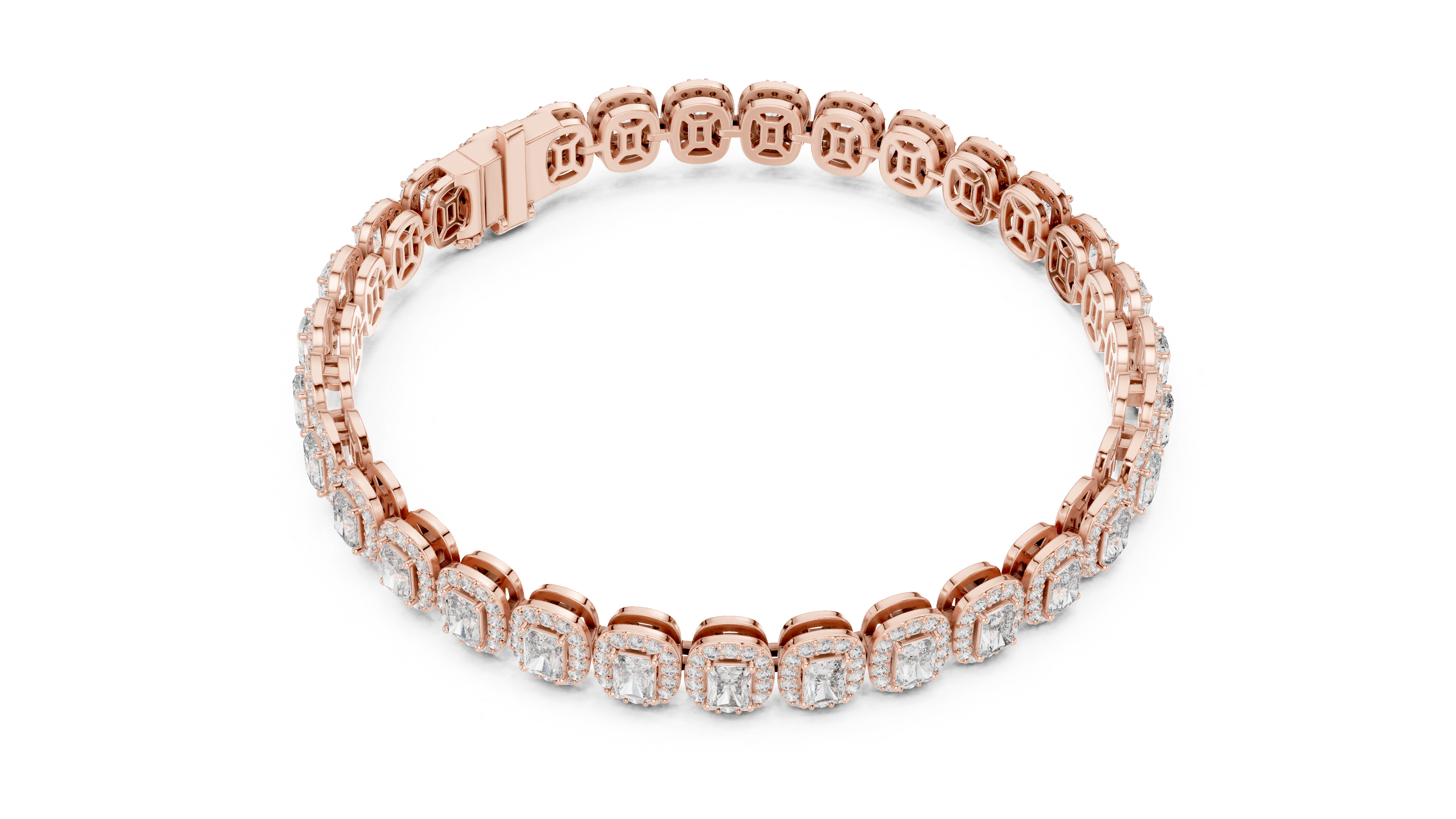 Radiant Halo Diamond Tennis Bracelet in Rose Gold | Radiant Cut Center Stones | Luxury Jewelry for Women
