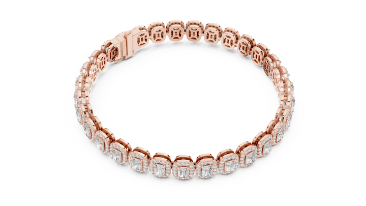 Radiant Halo Diamond Tennis Bracelet in Rose Gold | Radiant Cut Center Stones | Luxury Jewelry for Women