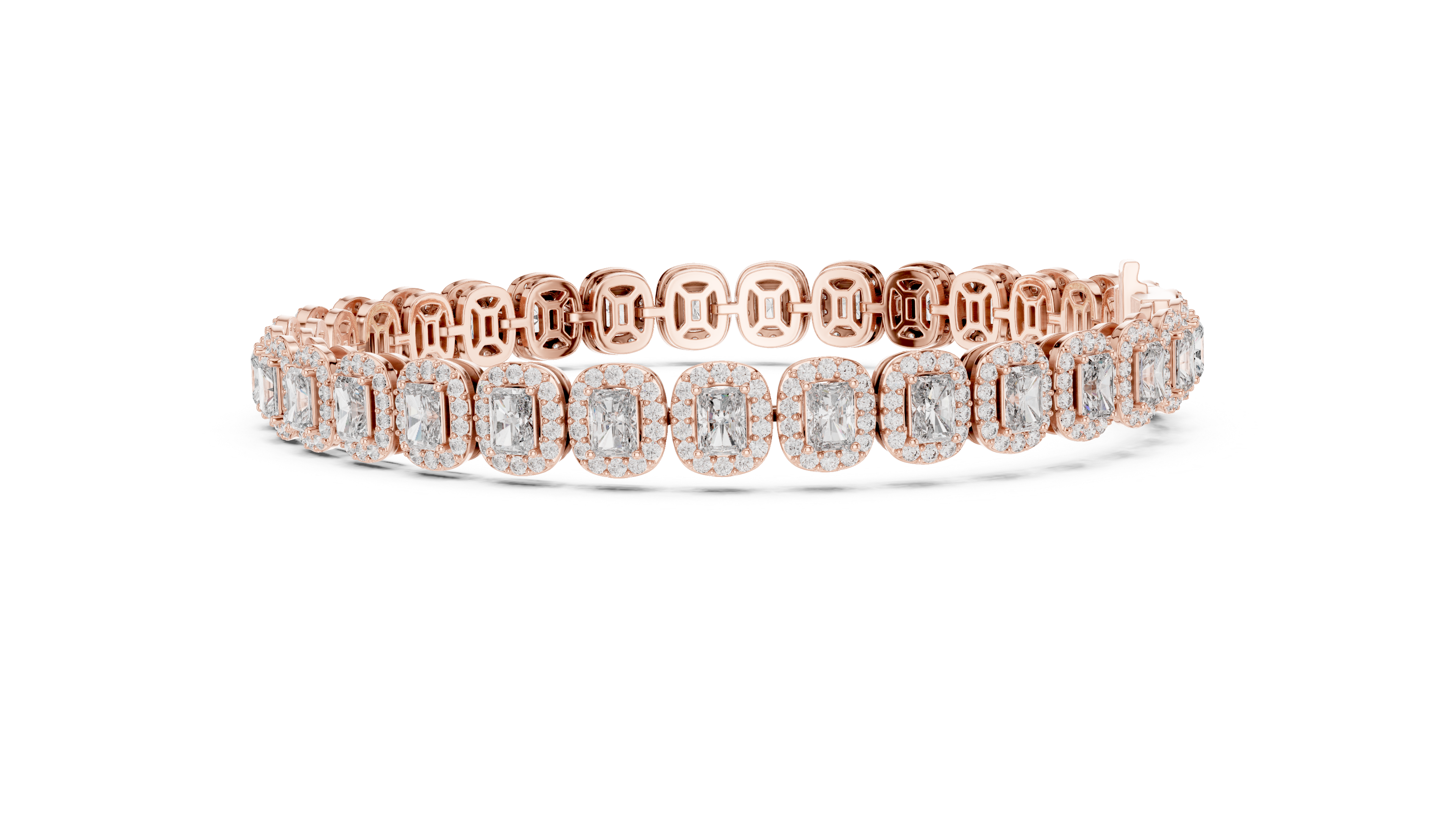 Radiant Halo Diamond Tennis Bracelet in Rose Gold | Radiant Cut Center Stones | Luxury Jewelry for Women