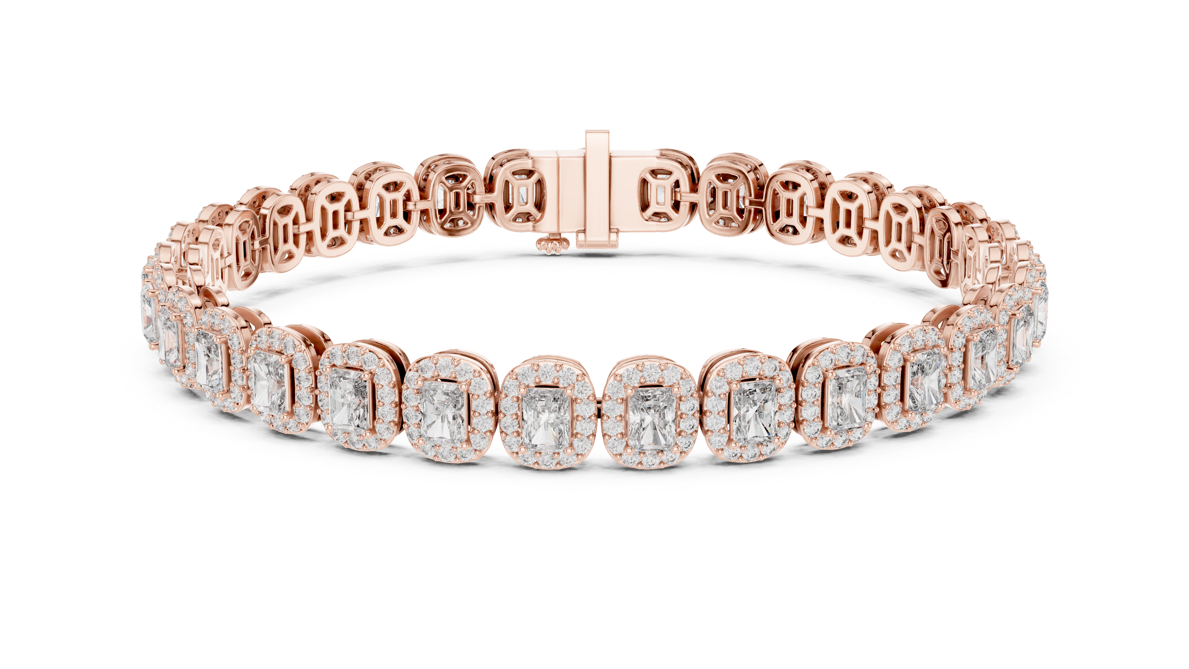 Radiant Halo Diamond Tennis Bracelet in Rose Gold | Radiant Cut Center Stones | Luxury Jewelry for Women