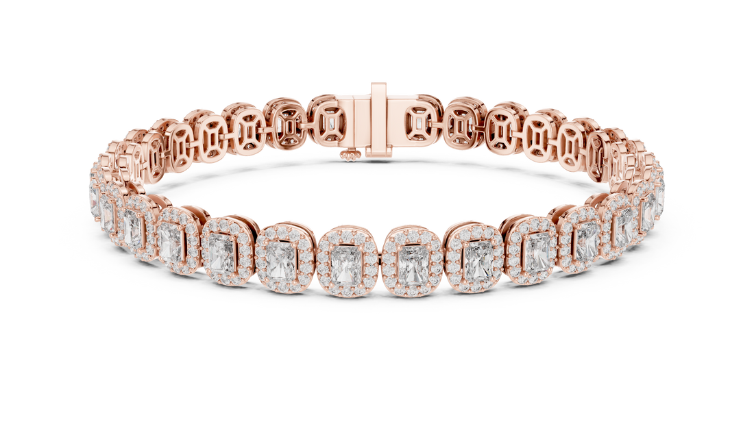 Radiant Halo Diamond Tennis Bracelet in Rose Gold | Radiant Cut Center Stones | Luxury Jewelry for Women