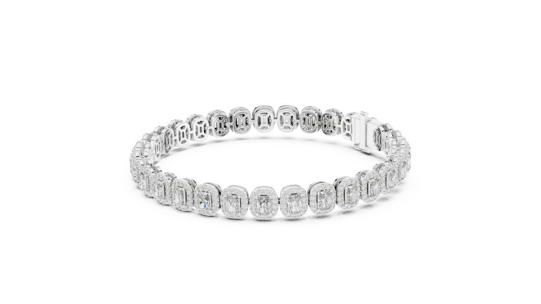 Radiant Halo Diamond Tennis Bracelet in Rose Gold | Radiant Cut Center Stones | Luxury Jewelry for Women