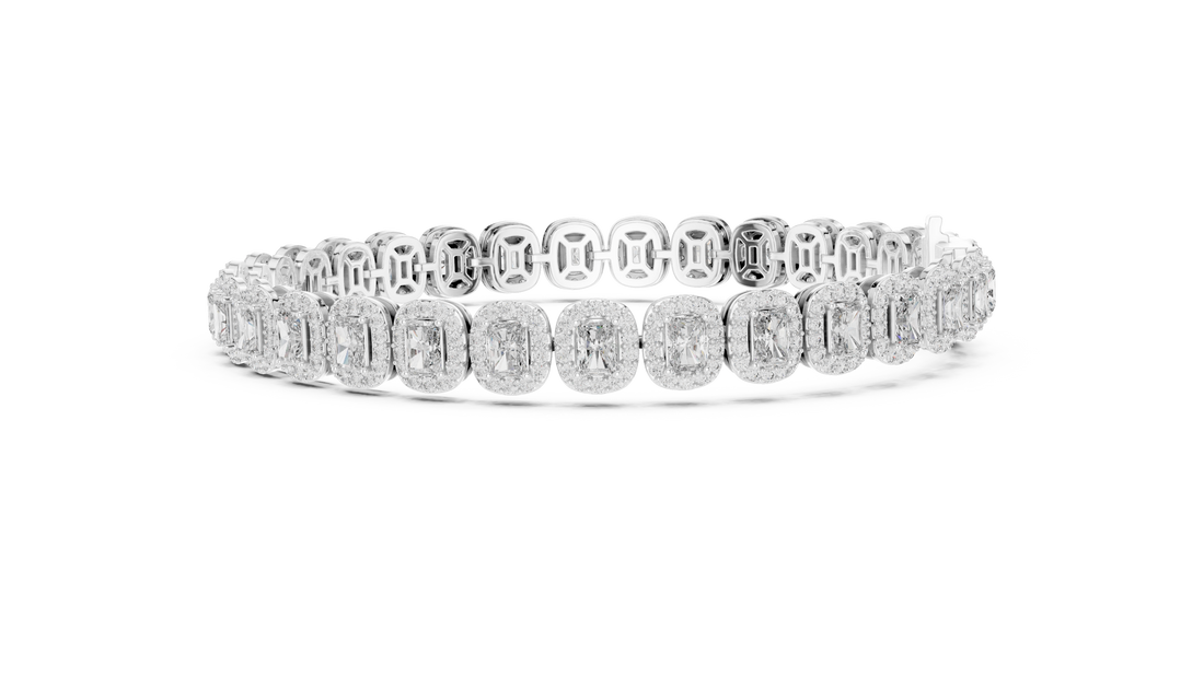 Radiant Halo Diamond Tennis Bracelet in Rose Gold | Radiant Cut Center Stones | Luxury Jewelry for Women